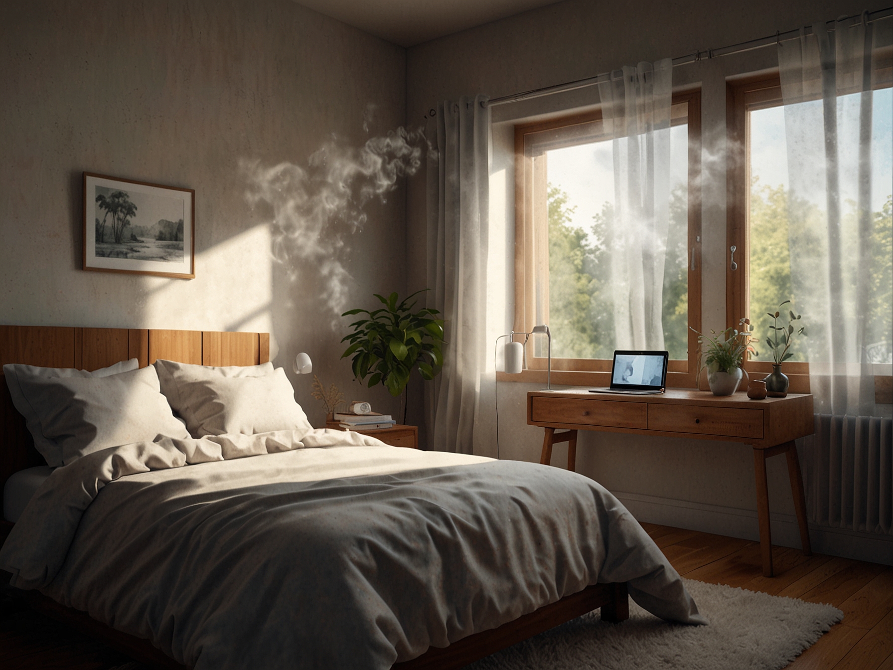 A cozy bedroom setting with a humidifier gently misting the air, symbolizing the benefits of maintaining humidity for better sleep and easing nasal congestion.