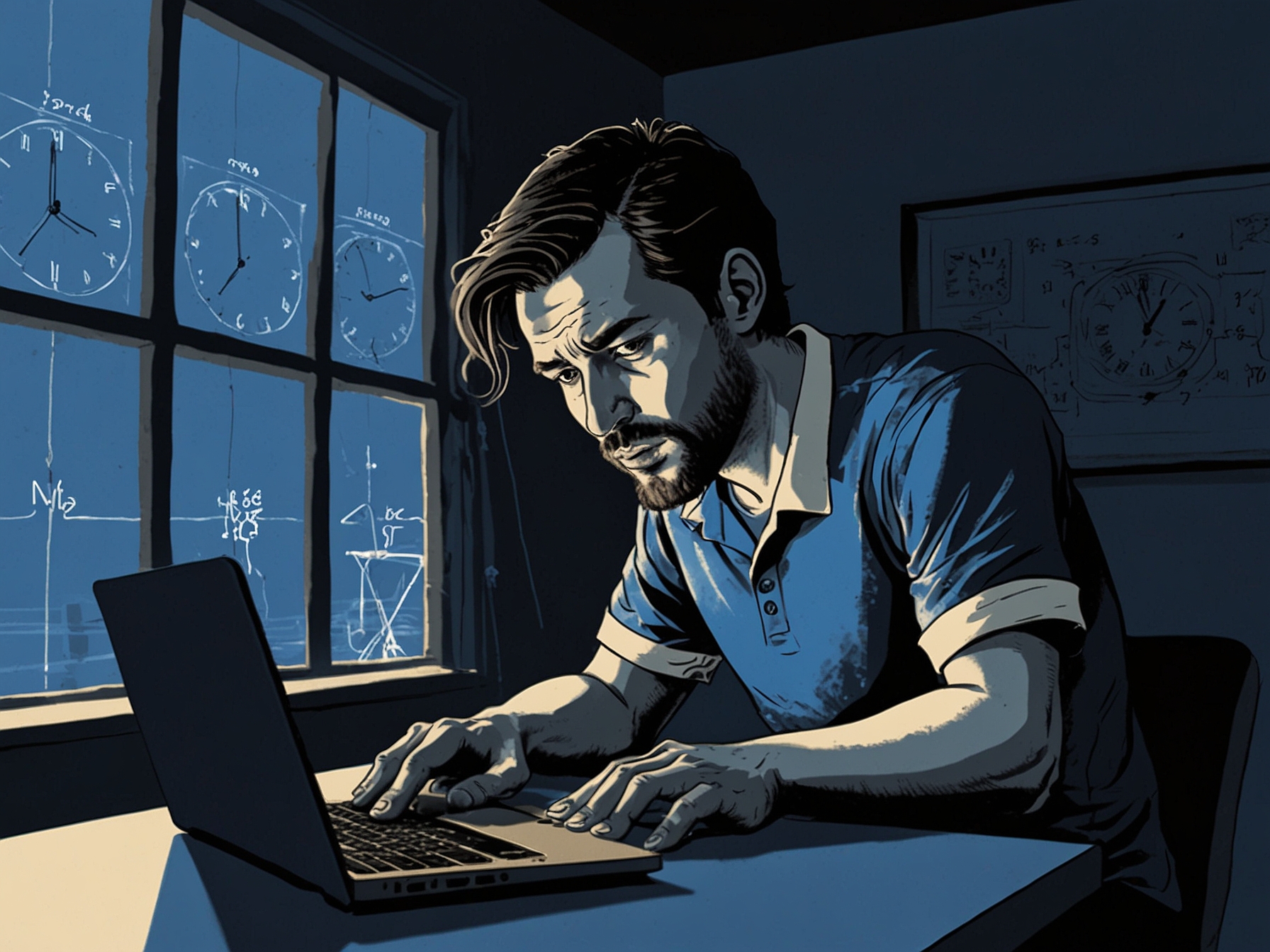 An illustration showing a stressed Windows 11 user encountering a blue screen error on their laptop, with a clock ticking in the background, symbolizing lost productivity due to tech failures.