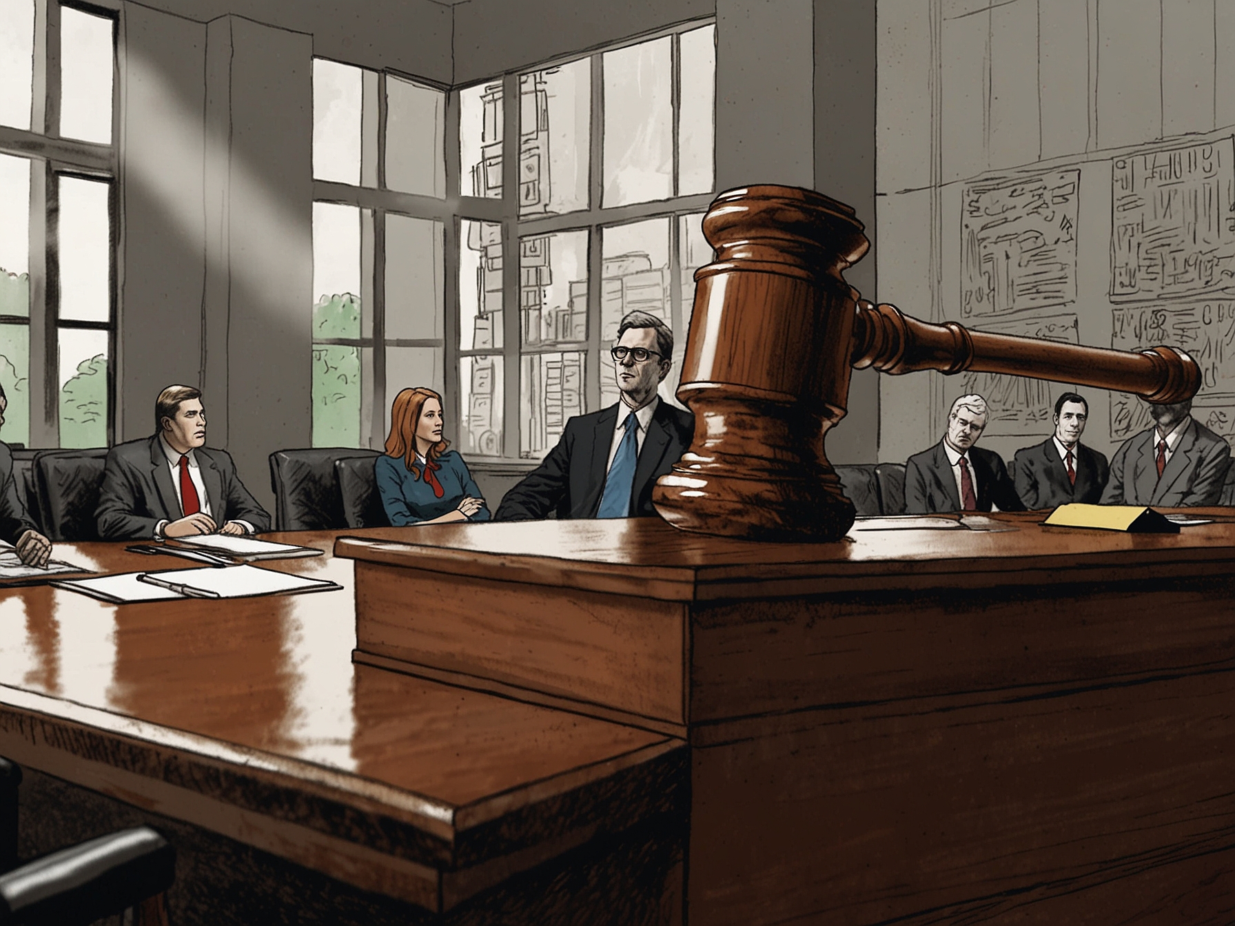 A visual of a gavel striking down on corporate contracts, representing the legal battles Apple faces over employee rights, with a backdrop of worried employees in an office setting.