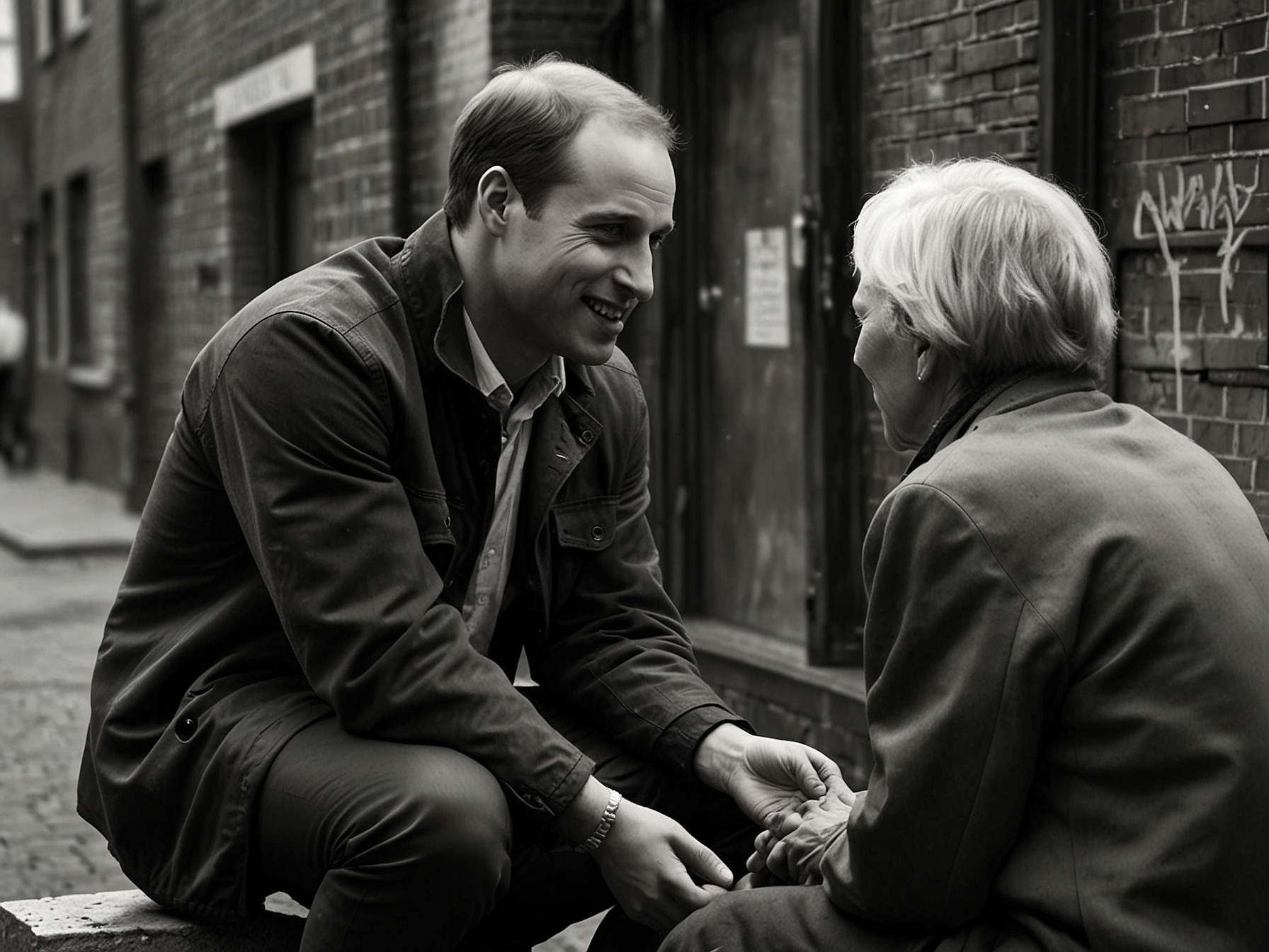 An emotional portrait of Prince William engaging with homeless individuals, showcasing his dedication to improving their lives and reflecting on his mother's legacy.