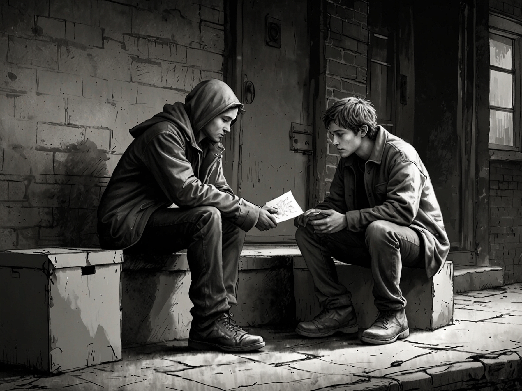 A touching scene where a young person shares their story of homelessness with a supportive William, symbolizing hope and the importance of empathy in advocacy.