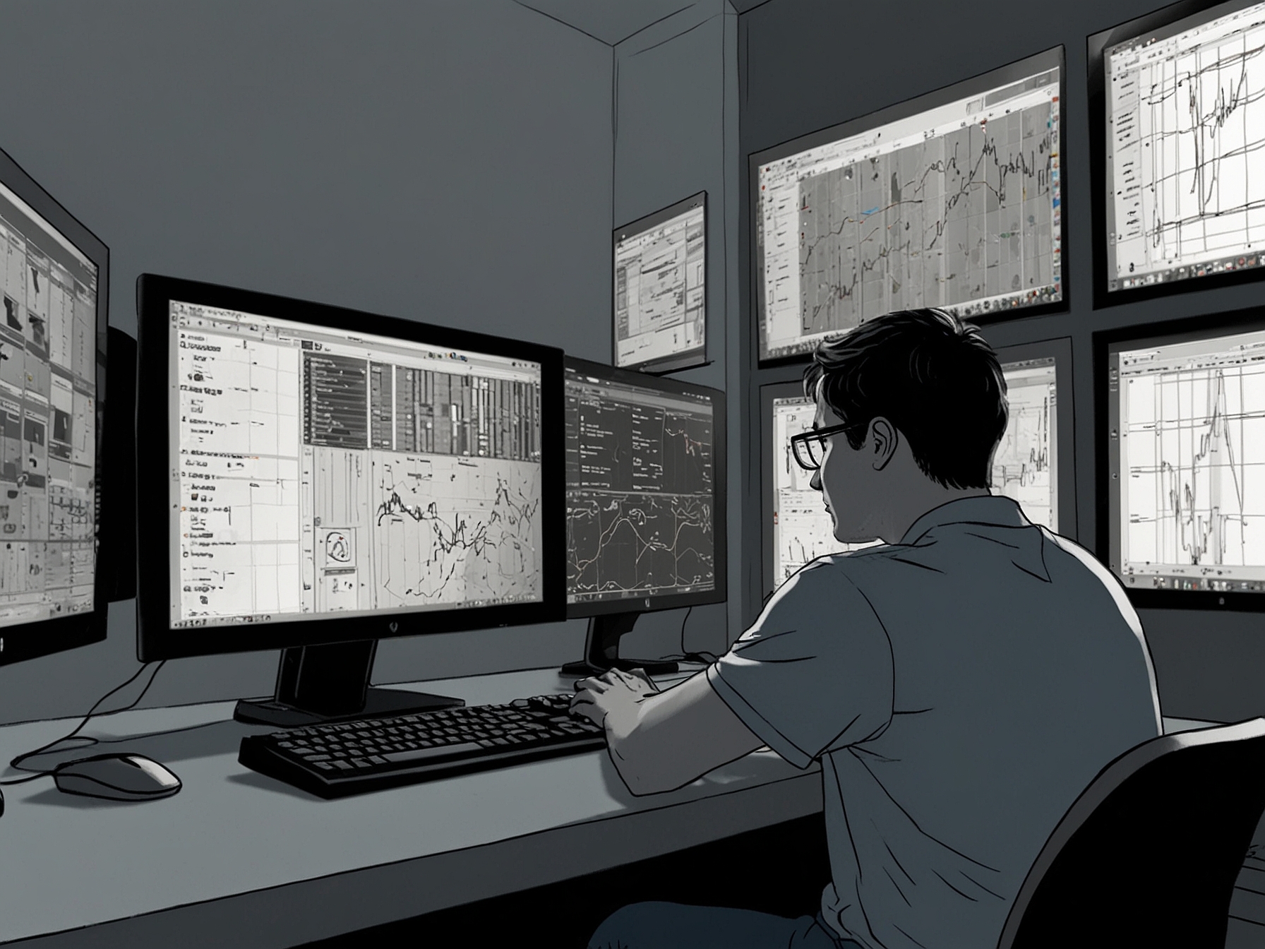 An illustration of a young gamer engaged with Roblox on their screen, encapsulating the platform's appeal as a creative outlet, contrasted with anxious investors analyzing market trends.