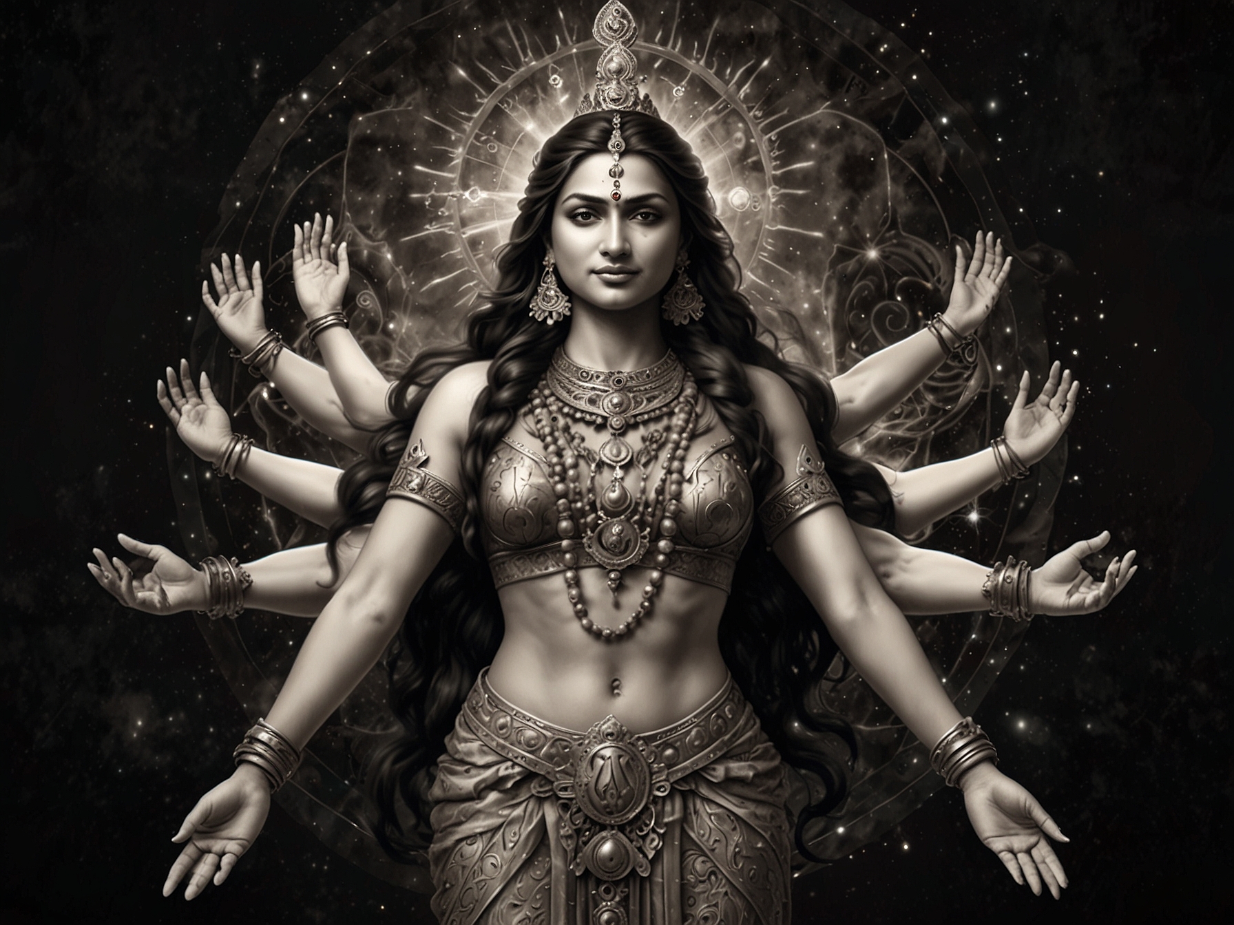 An artistic depiction of Maa Kushmanda with eight arms, radiating positivity and strength, surrounded by cosmic elements, highlighting her role as the creator of the universe.