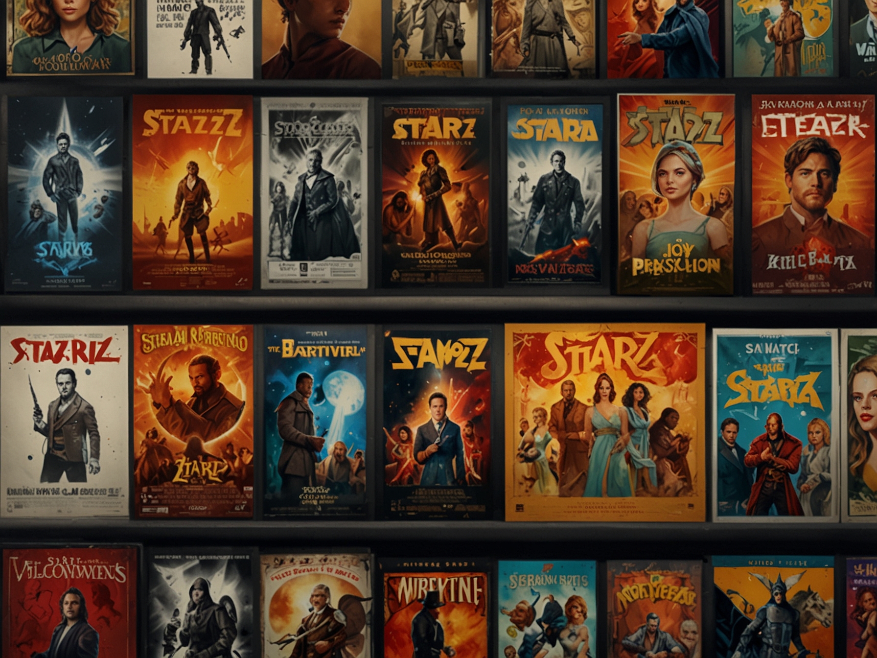 An array of movie posters displayed on a wall, showcasing popular titles available on STARZ, inviting viewers to explore diverse genres and captivating storytelling.