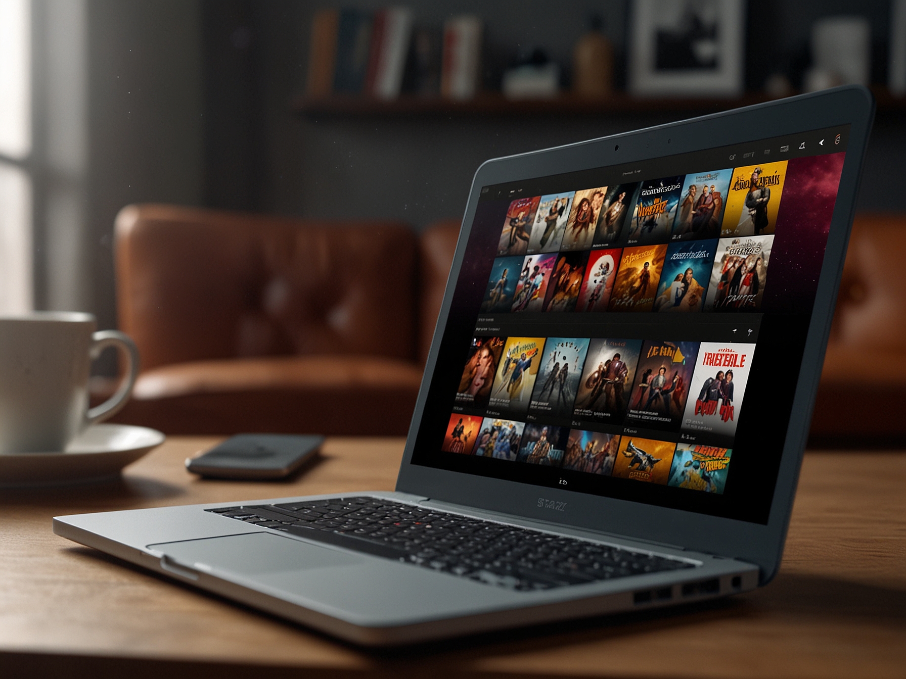 A laptop open to the STARZ homepage, with a user scrolling through a selection of original series and hidden gem films, ready to discover their next favorite movie.