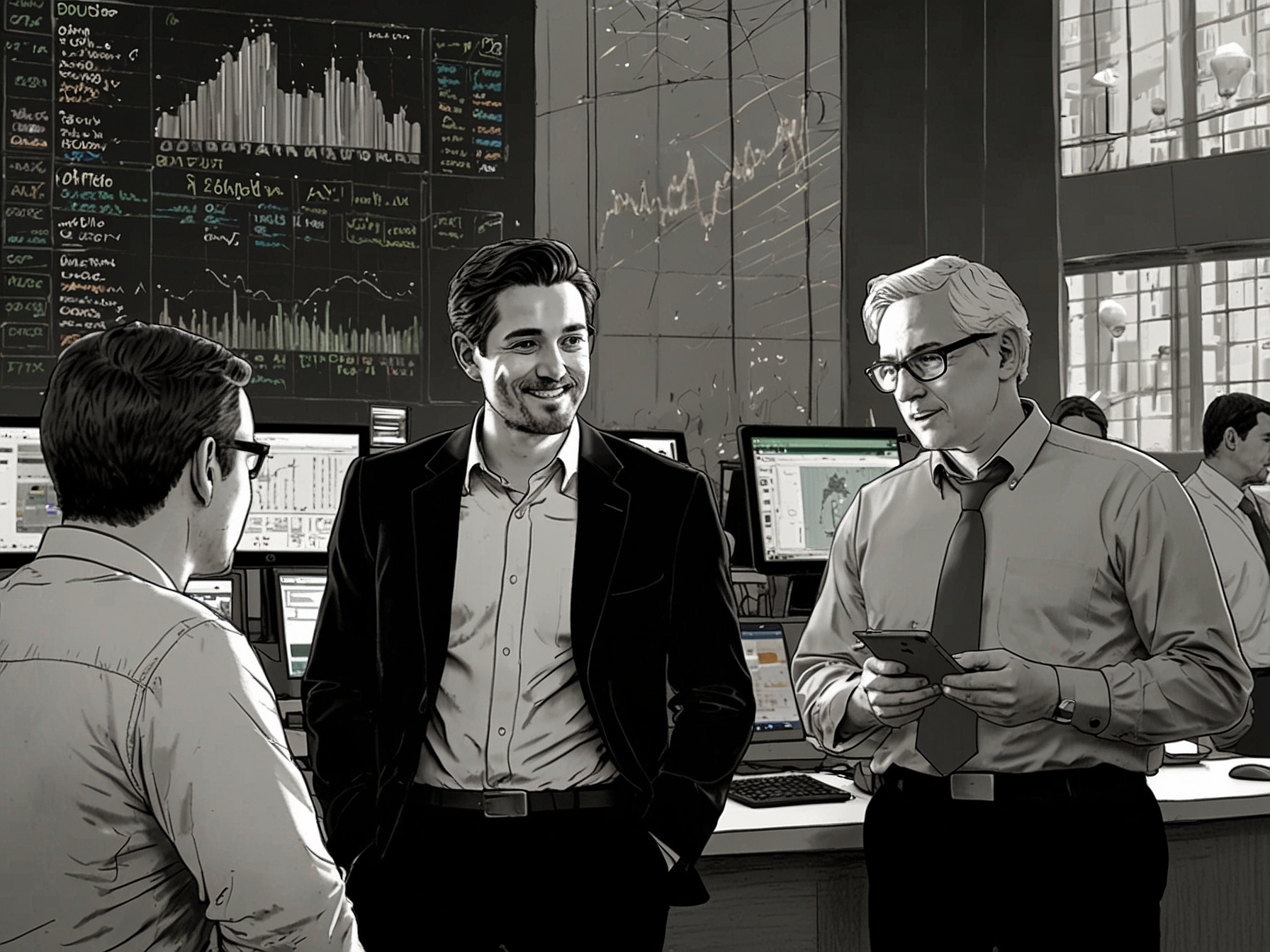 An illustration of a group of retail investors looking at their digital devices, eagerly discussing AMD's potential, embodying the excitement of the WallStreetBets community.