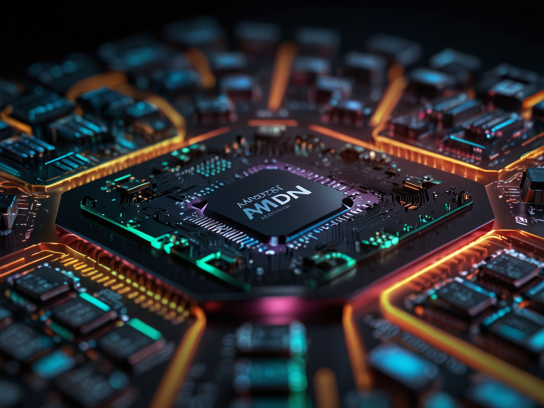 A close-up of AMD's semiconductor chips, showcasing the technological innovation and quality that attract both gamers and data centers, reinforcing its market position.