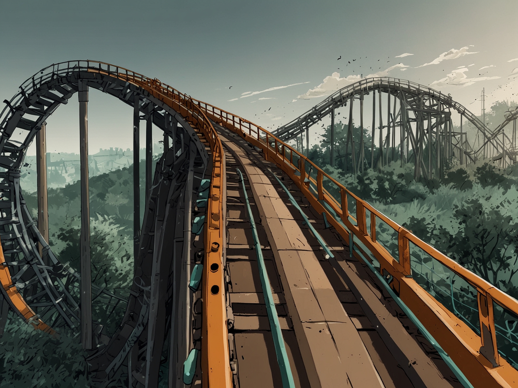 A rollercoaster track metaphorically representing the volatility of investing in AMD, with ups and downs illustrating the thrill and risks faced by investors in the tech sector.