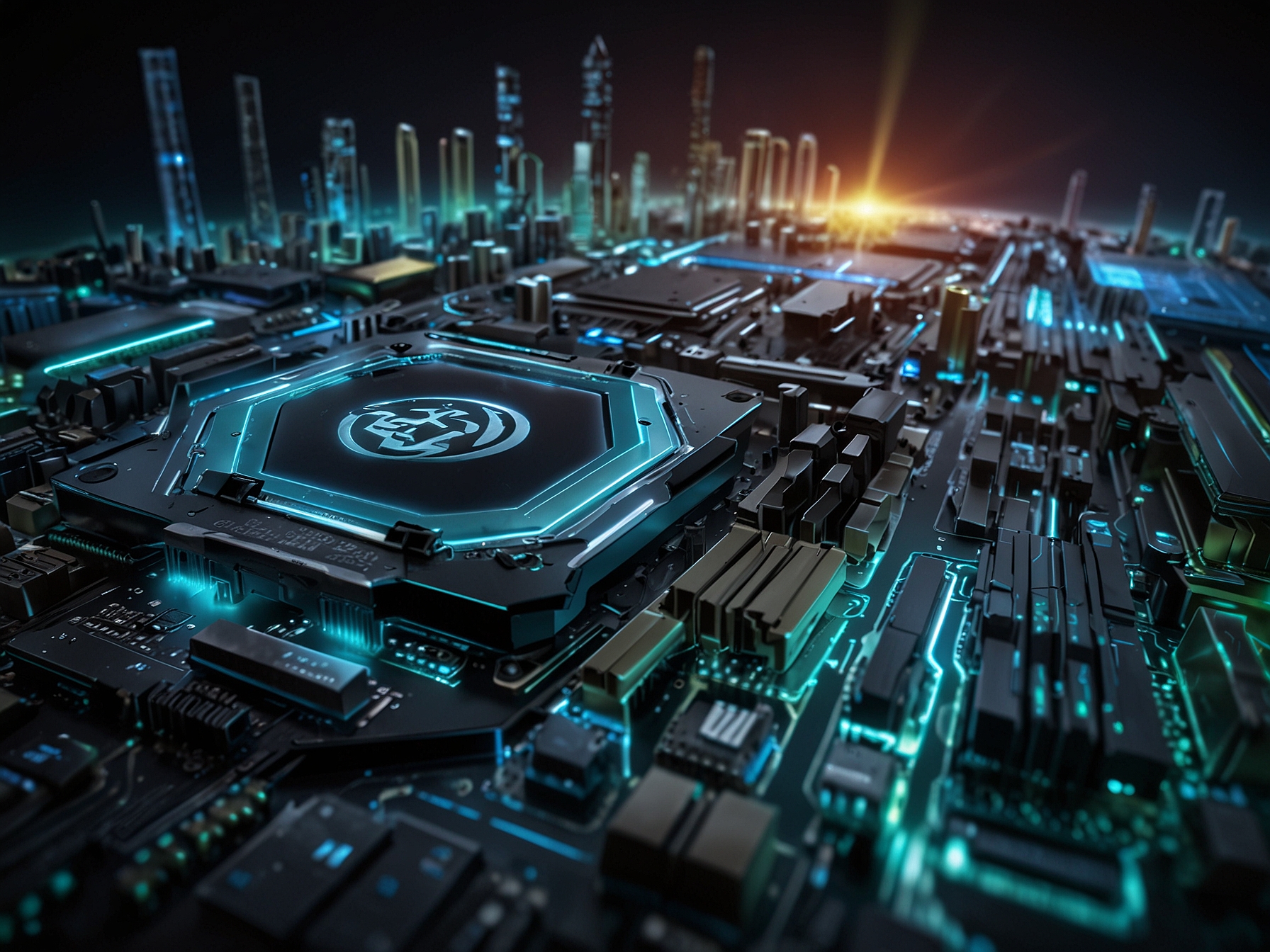 An image depicting competitive landscapes between AMD, Intel, and NVIDIA, highlighting the fierce rivalry in the semiconductor industry and the drive for innovation in AI and gaming.