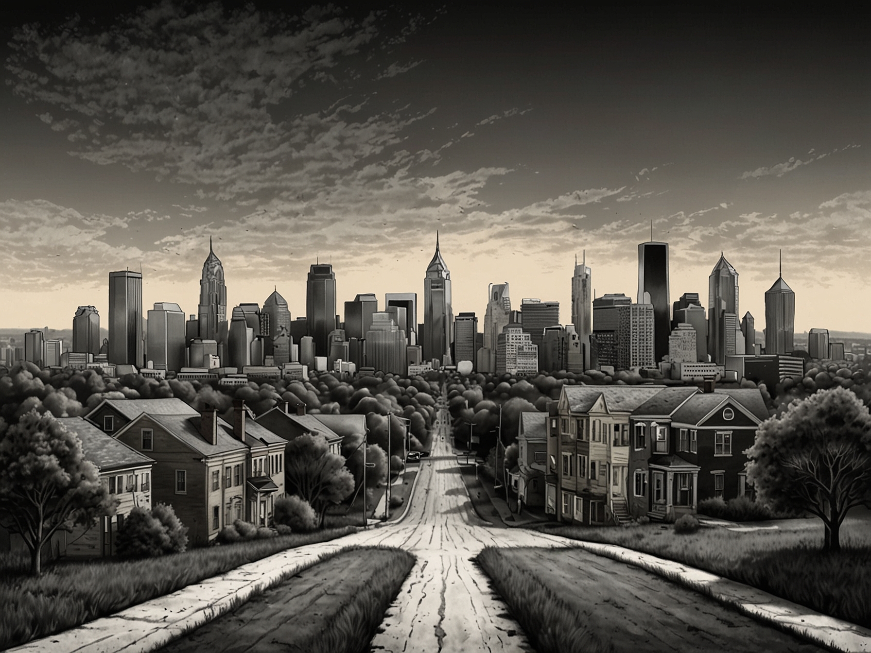 A split image showing urban Philadelphia contrasted with a conservative rural area, highlighting the diverse priorities and concerns of voters across the state.