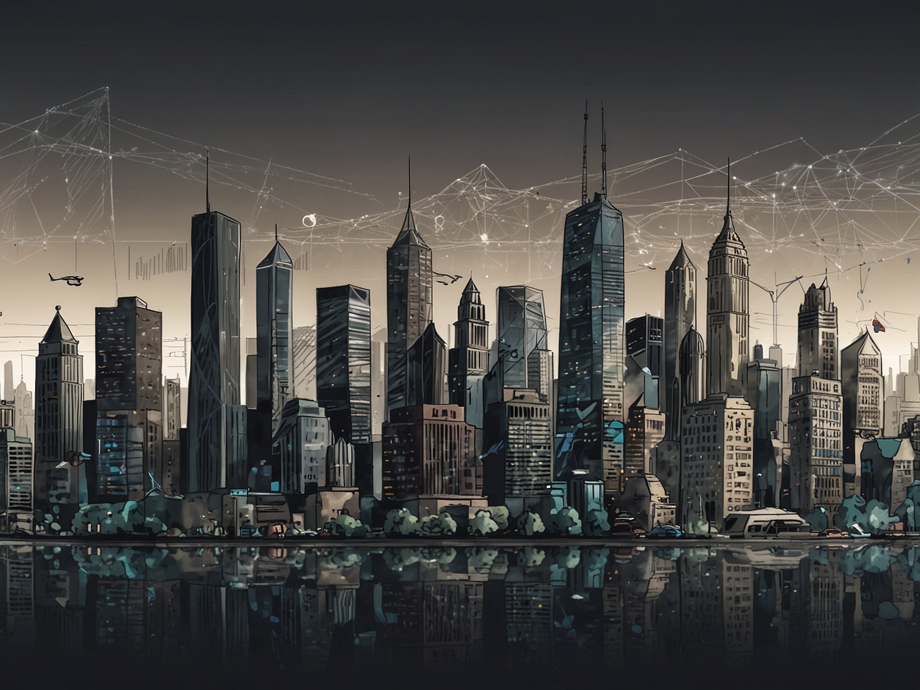 A graphic representing a city skyline with diverse businesses, alongside icons of law enforcement and data transparency, symbolizing the implications of the Corporate Transparency Act.
