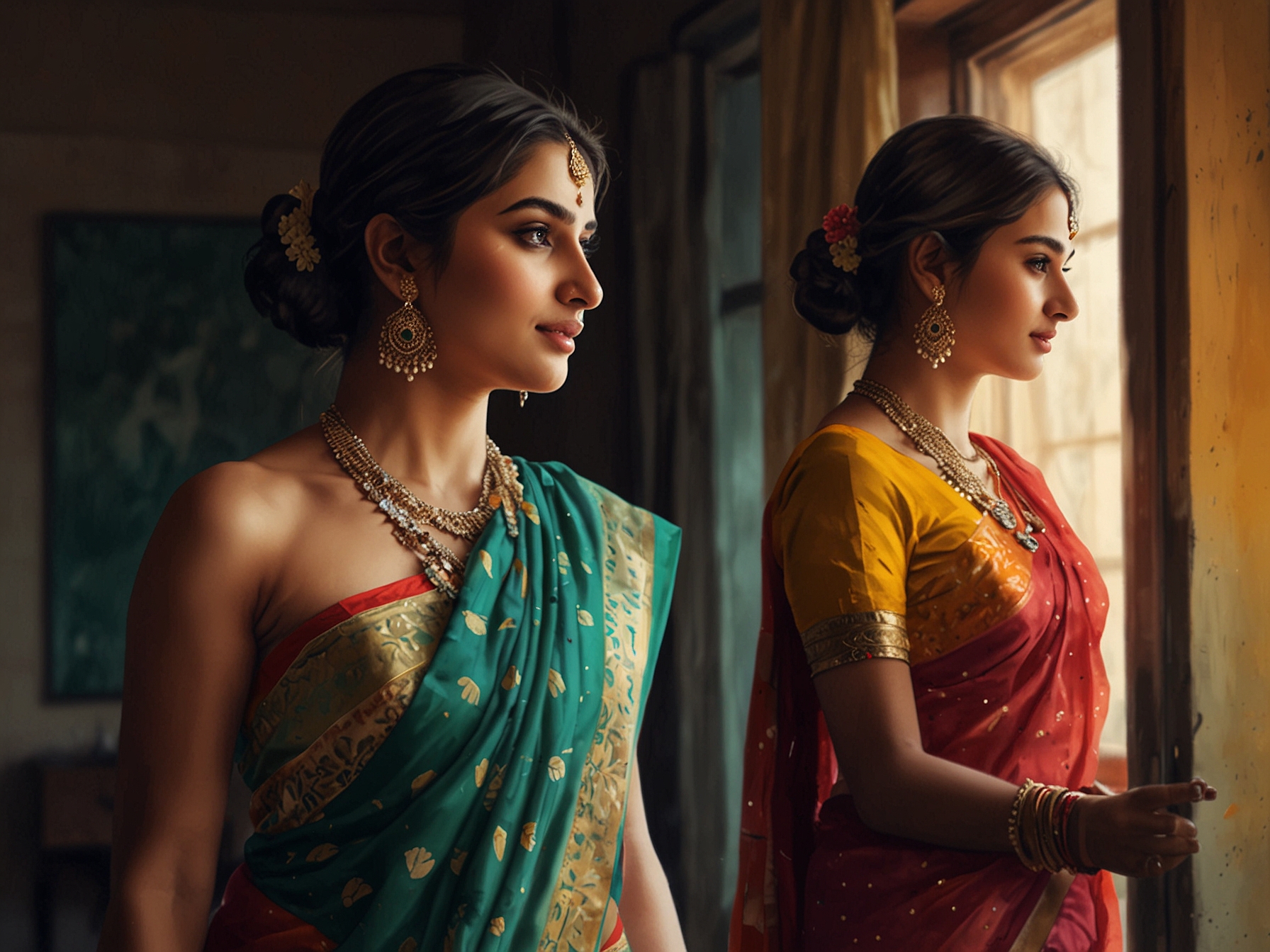 A beautiful young woman stands in front of a mirror, elegantly draped in a colorful saree that reflects tradition while sparking a sense of pride and heritage.