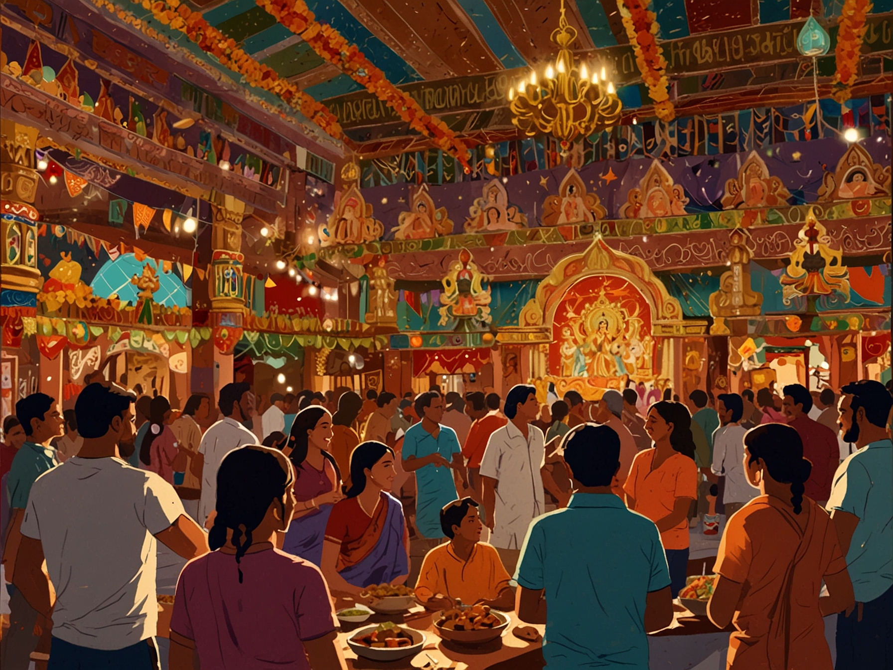 A bustling Durga Puja pandal filled with vibrant decorations, as families gather to celebrate, enjoying communal meals while laughter and joy fill the air.