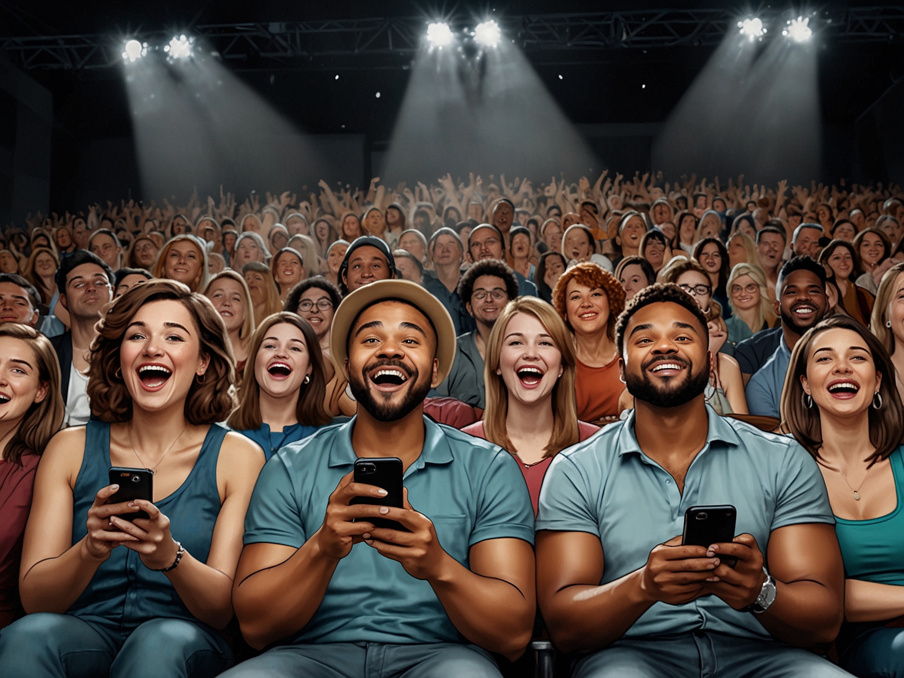 Fans in the audience capturing the excitement on their phones, filled with joy and nostalgia as they witness JB Gill's remarkable comeback on stage.