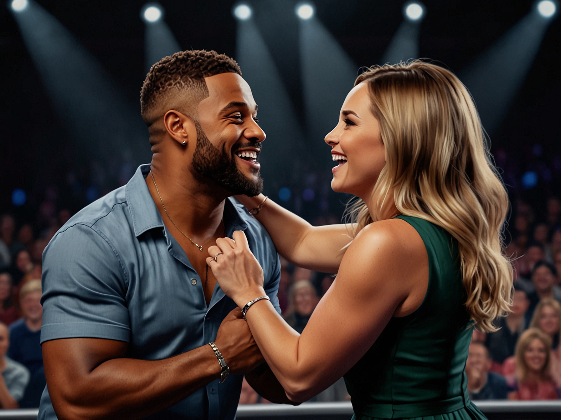 JB Gill and Amy Dowden sharing a heartfelt moment during their performance, radiating confidence and joy that resonates with viewers cheering from their seats.