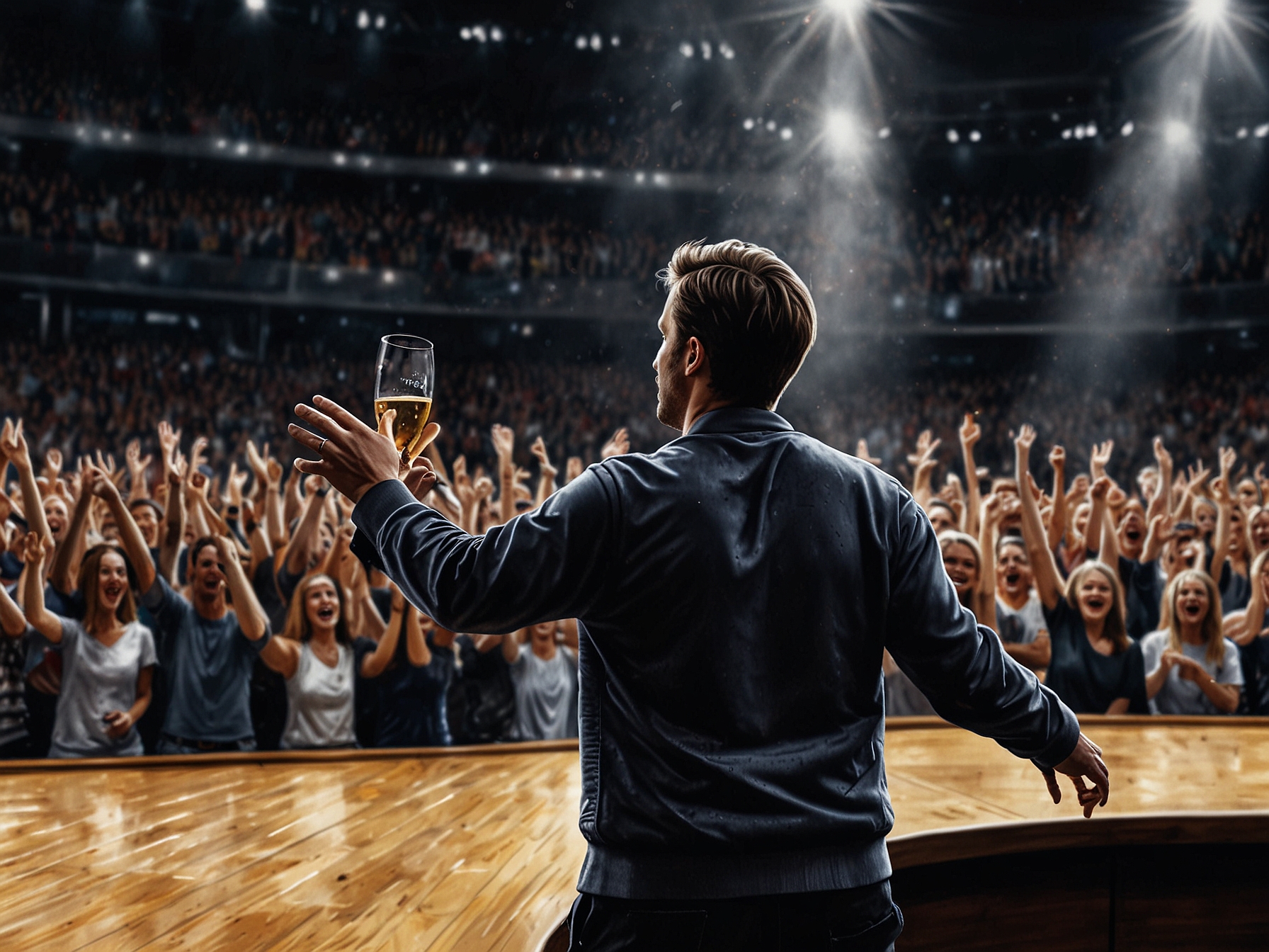 A close-up shot of JB toasting to his return, with an arena full of applauding fans behind him, emphasizing his journey of resilience and celebration in dance.