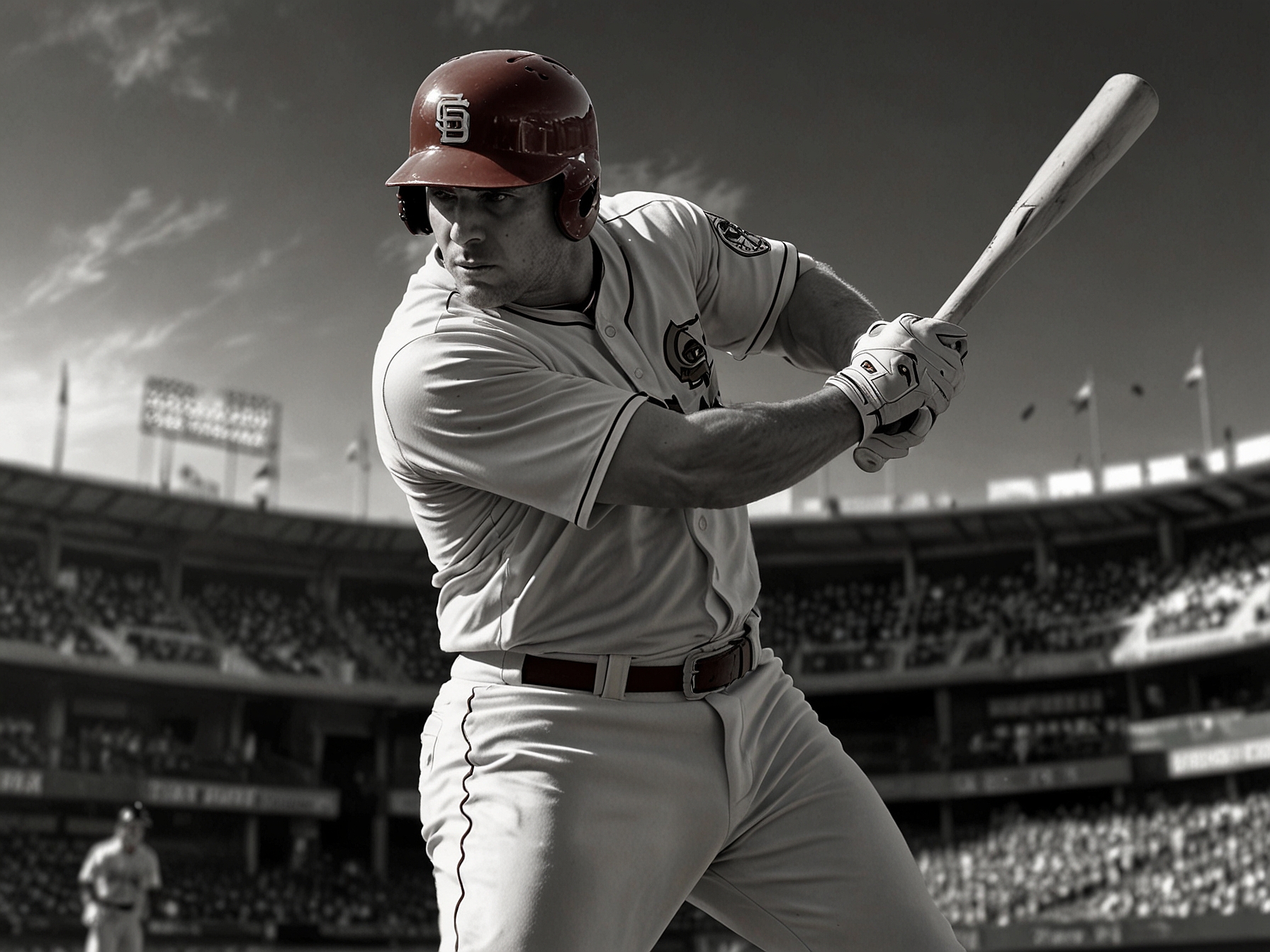 A dynamic portrayal of Paul Goldschmidt in action as he swings a bat, representing his power and finesse as an elite MLB player, set against a vibrant stadium backdrop.