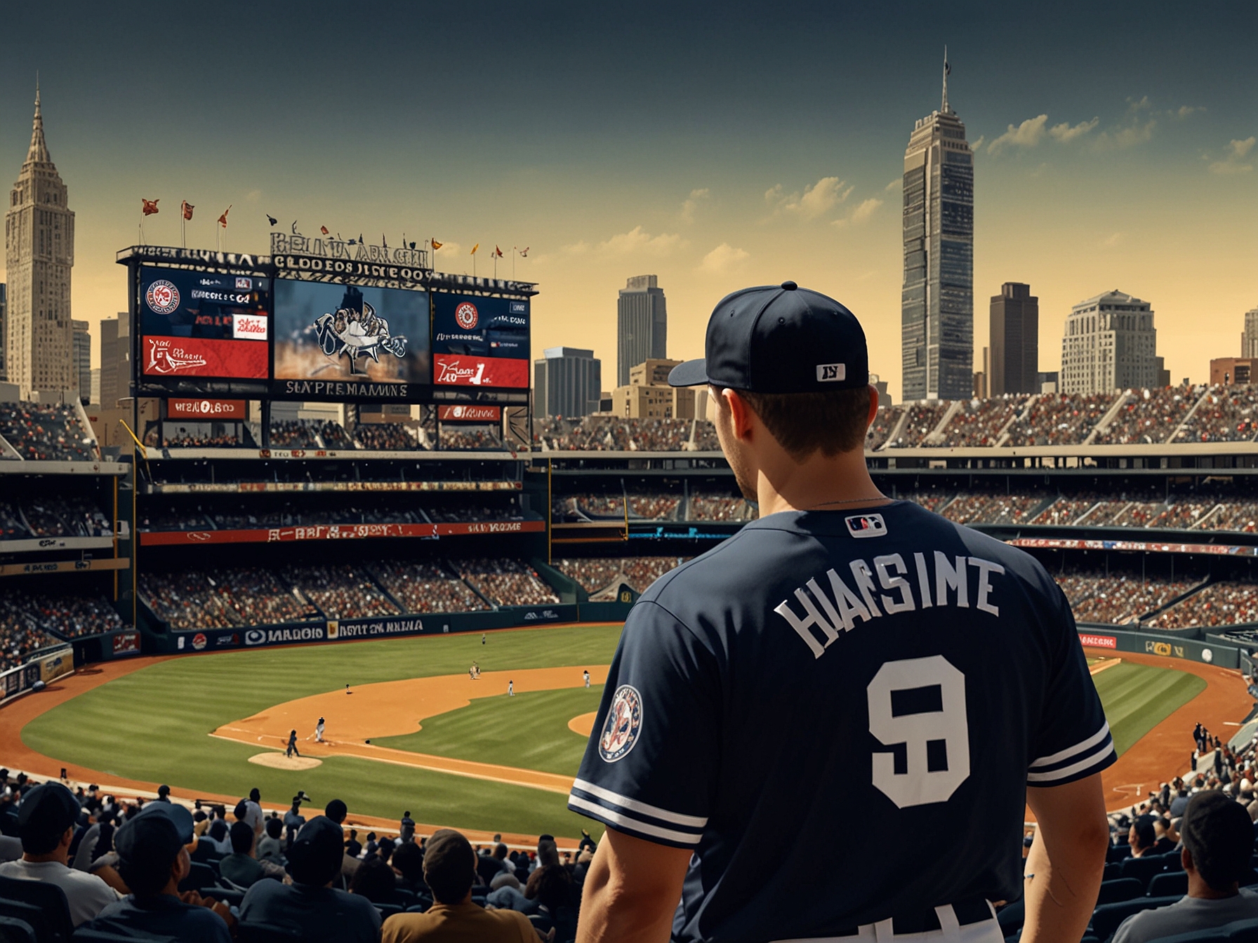 An artistic collage featuring logos of the New York Yankees, San Diego Padres, and Atlanta Braves, illustrating potential destinations for Goldschmidt alongside images of passionate fans.
