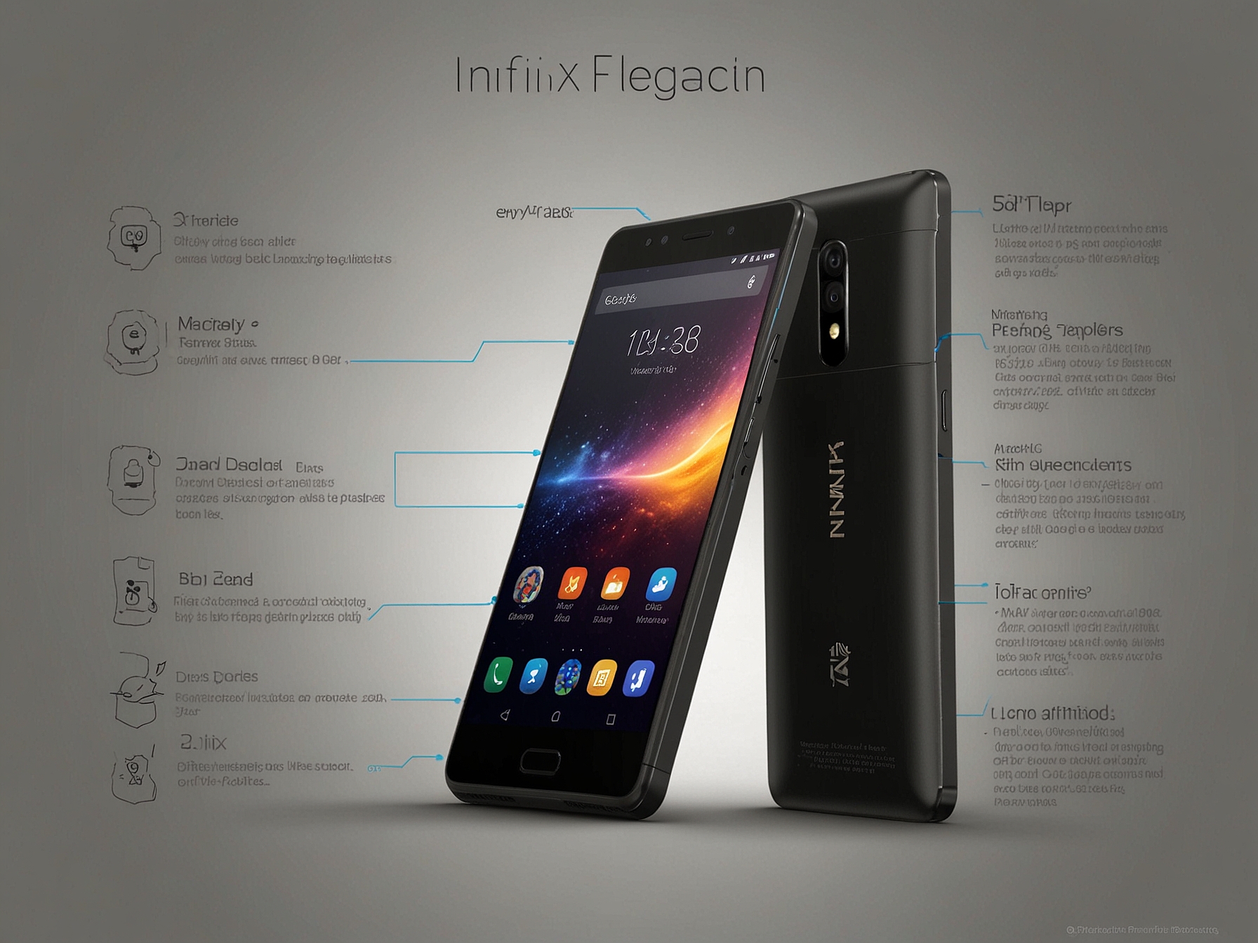 An infographic highlighting key specifications of the Infinix Zero Flip, including battery capacity, camera megapixels, and charging speeds, aimed at attracting diverse users.