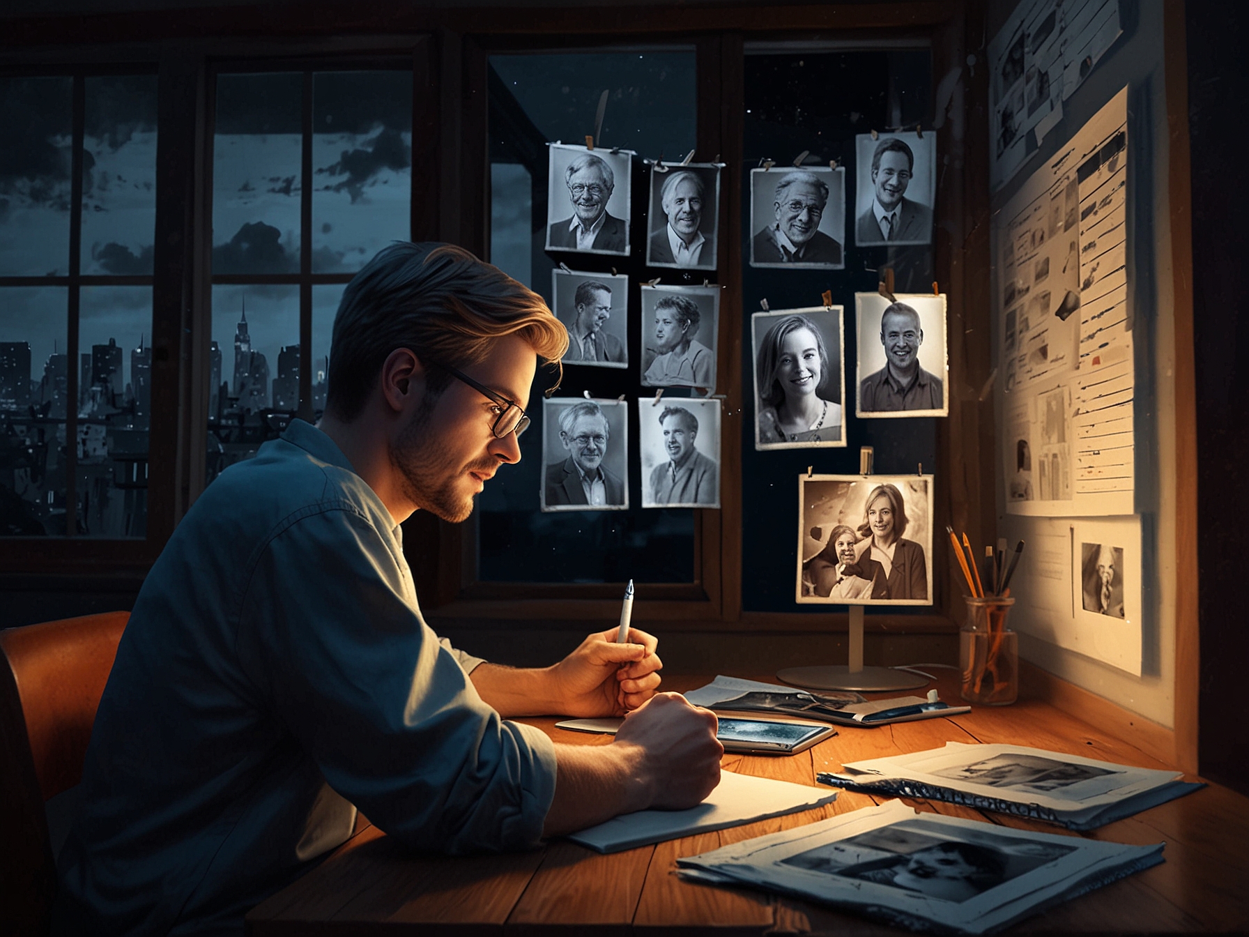 An illustrative concept of digital memories, depicting a person reminiscing over various photos displayed on a digital device, highlighting the emotional connection with past moments.