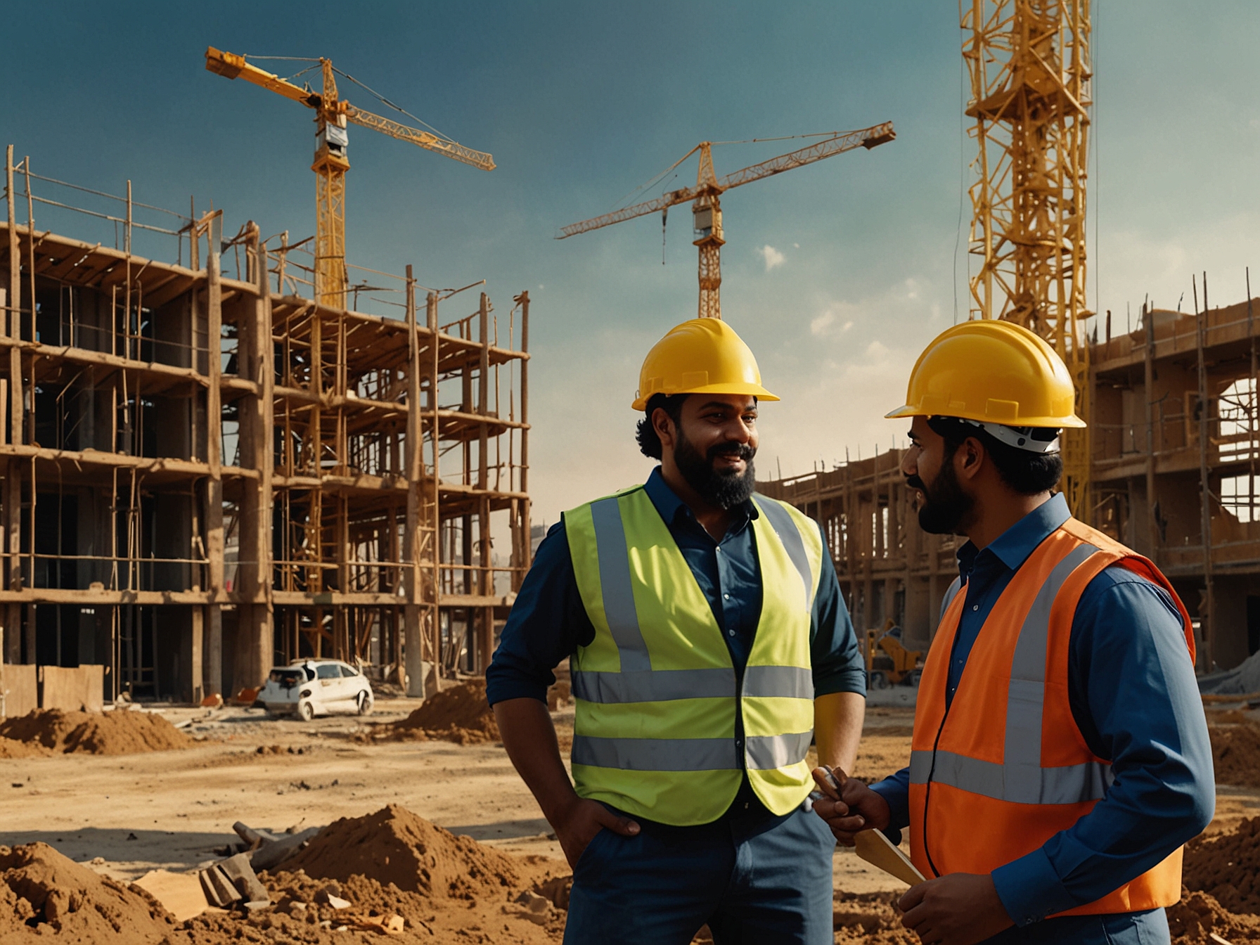 A construction site showcasing workers collaborating to build infrastructure, symbolizing Eraaya Lifespaces' new contract with Punjab National Bank and its growth ambitions.
