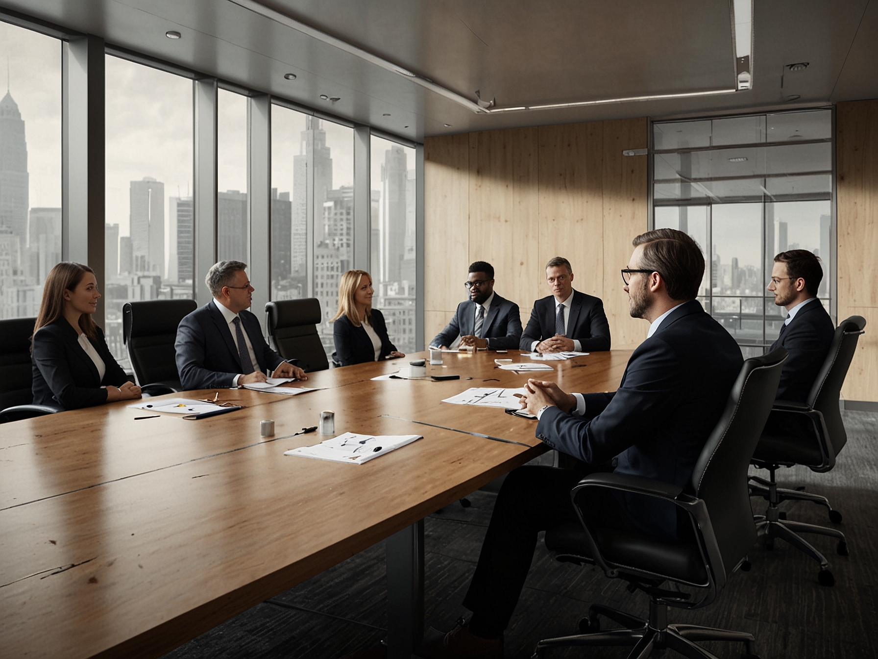 An executive team discussing strategies around a conference table, reflecting Eraaya Lifespaces' proactive approach in securing funding and leveraging partnerships for future projects.