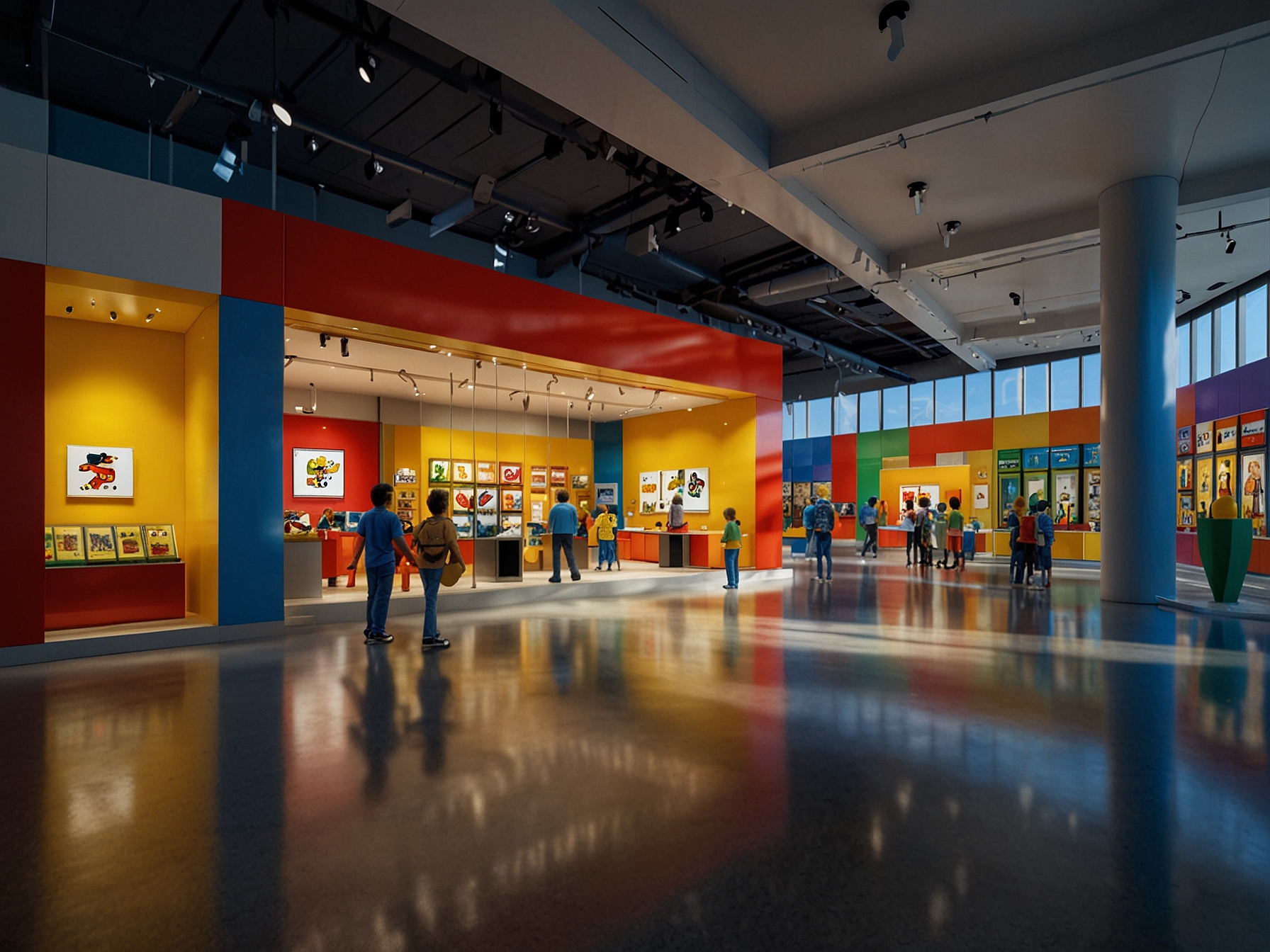 A vibrant and colorful interior mock-up of the new Lego Store design showcasing interactive displays that invite both kids and adults to engage with their favorite Lego sets.