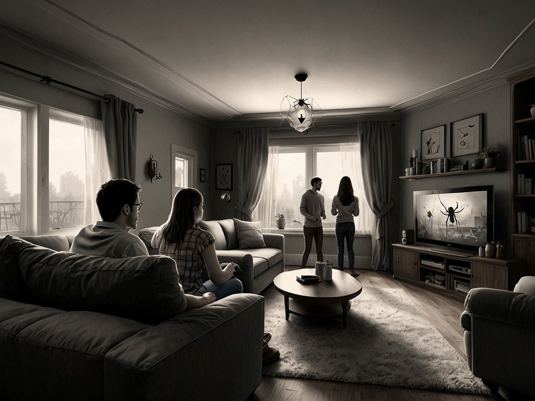 A cozy living room with a family watching a movie, highlighting the unexpected moment when a spider descends from the ceiling, blending humor and surprise.