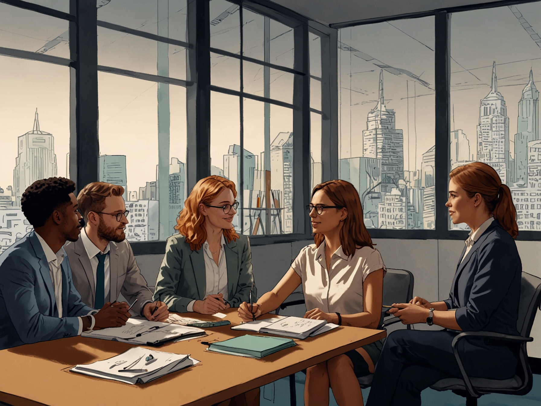 A group of young professionals engaged in a vibrant discussion about mental health benefits in a modern office, highlighting the importance of supportive work environments.