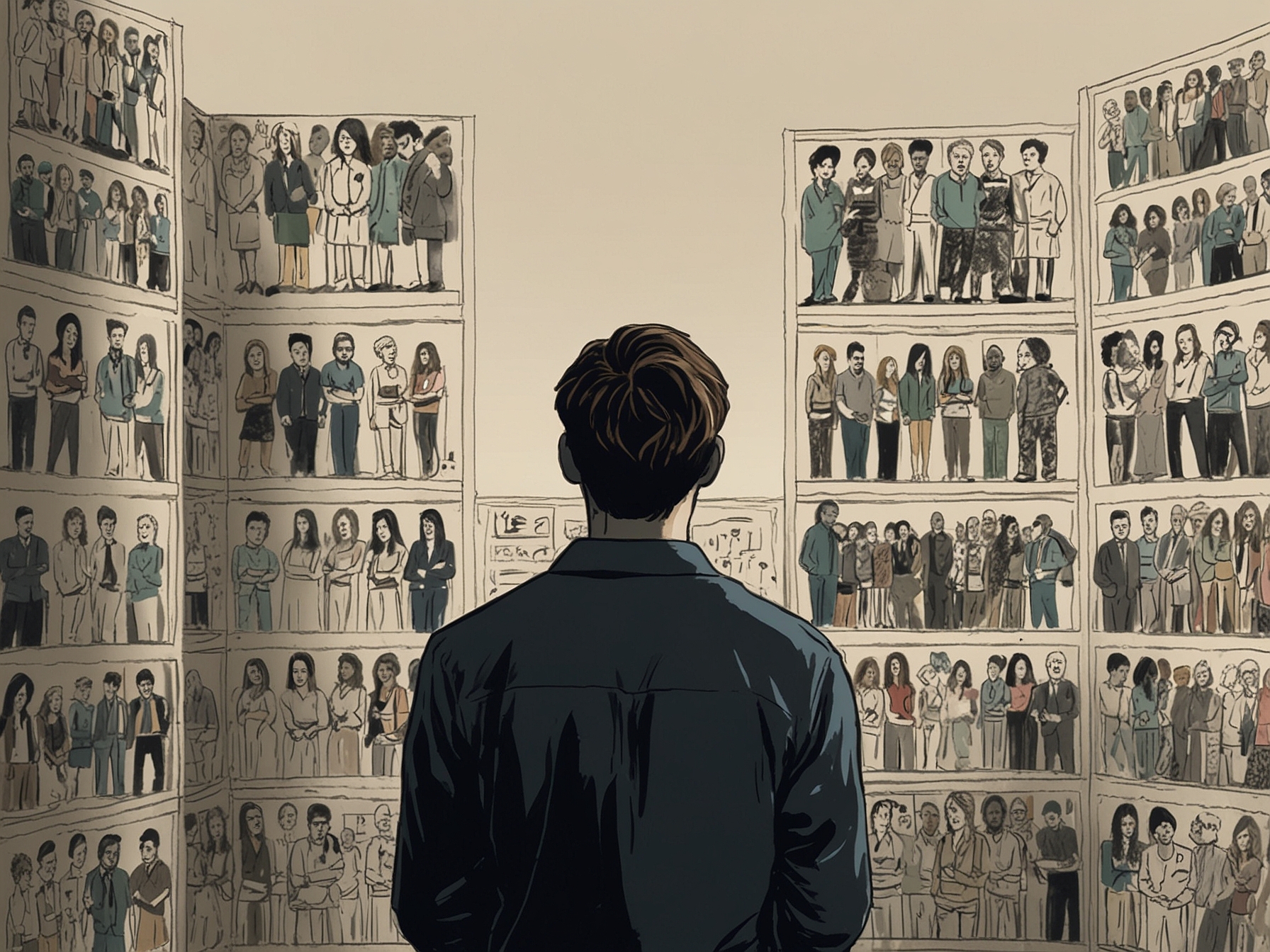 A university graduate reflecting on job options, surrounded by images representing mental health support, illustrating the choices young workers are making for their well-being.