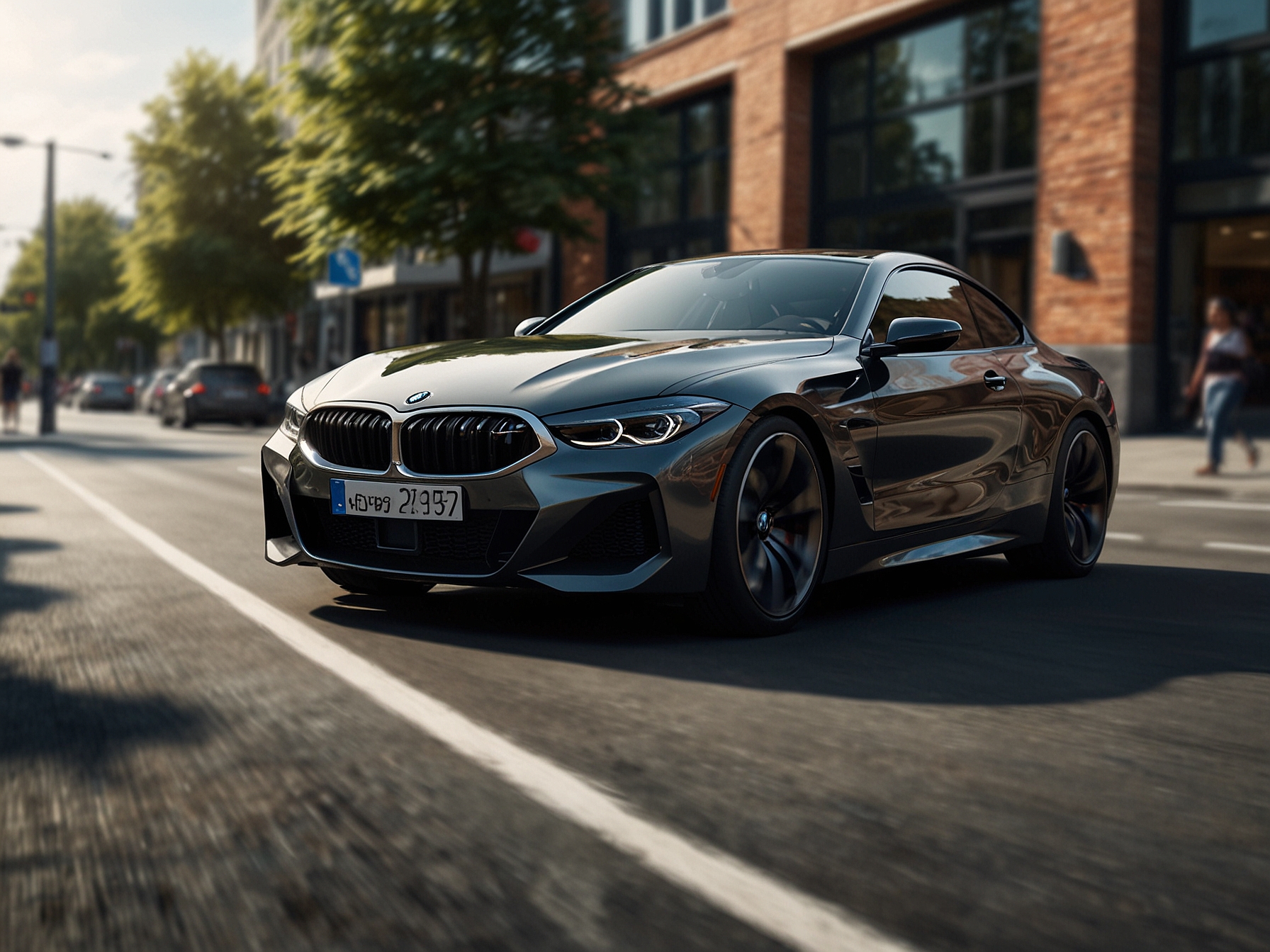 A sleek BMW vehicle gracefully navigating through a vibrant Berlin street, symbolizing the company's commitment to innovative design and sustainability in automotive technology.