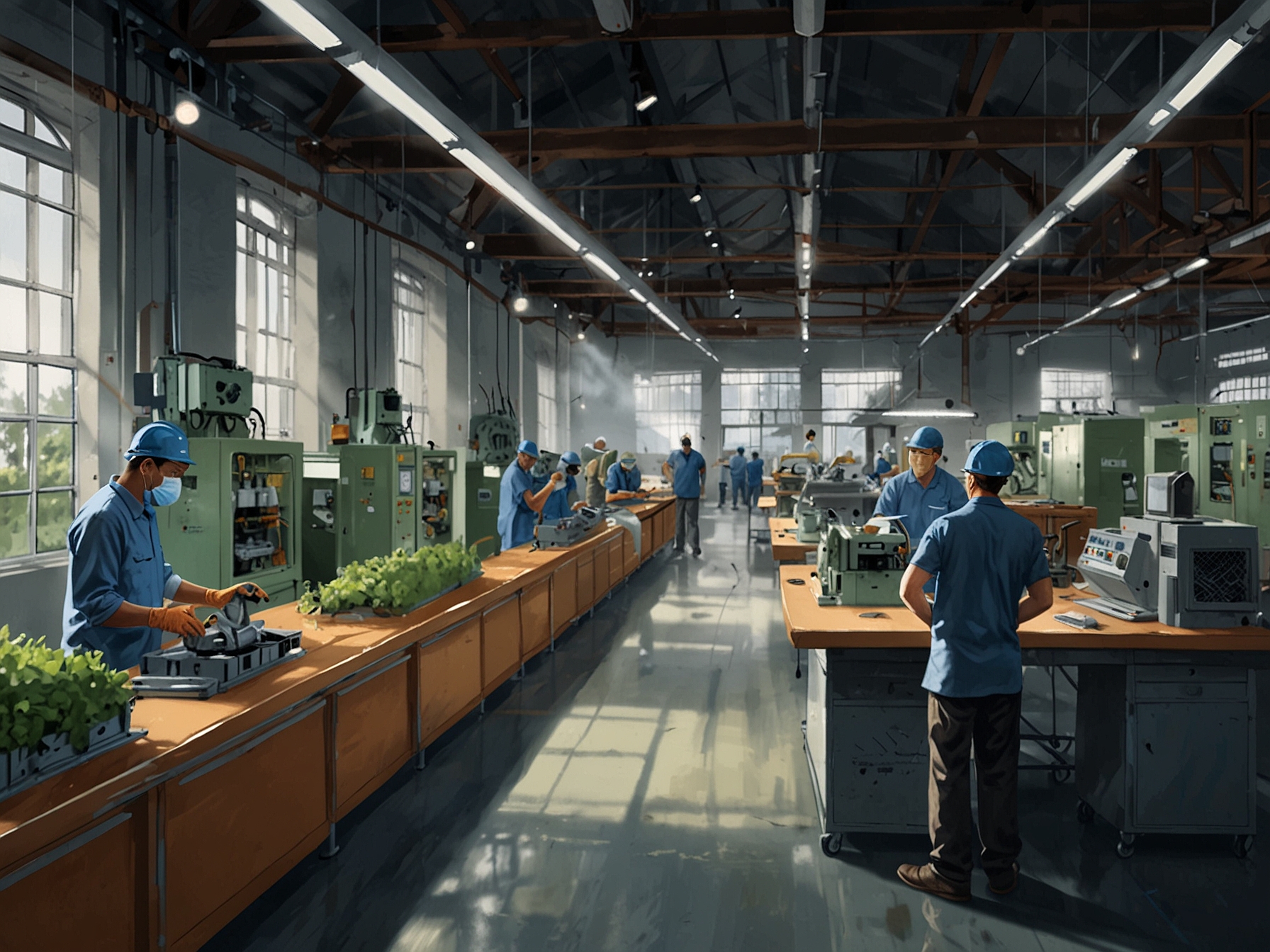 A factory setting showcasing workers engaged in eco-friendly practices, utilizing advanced technologies for sustainable manufacturing, representing BMW's dedication to both environmental and community well-being.