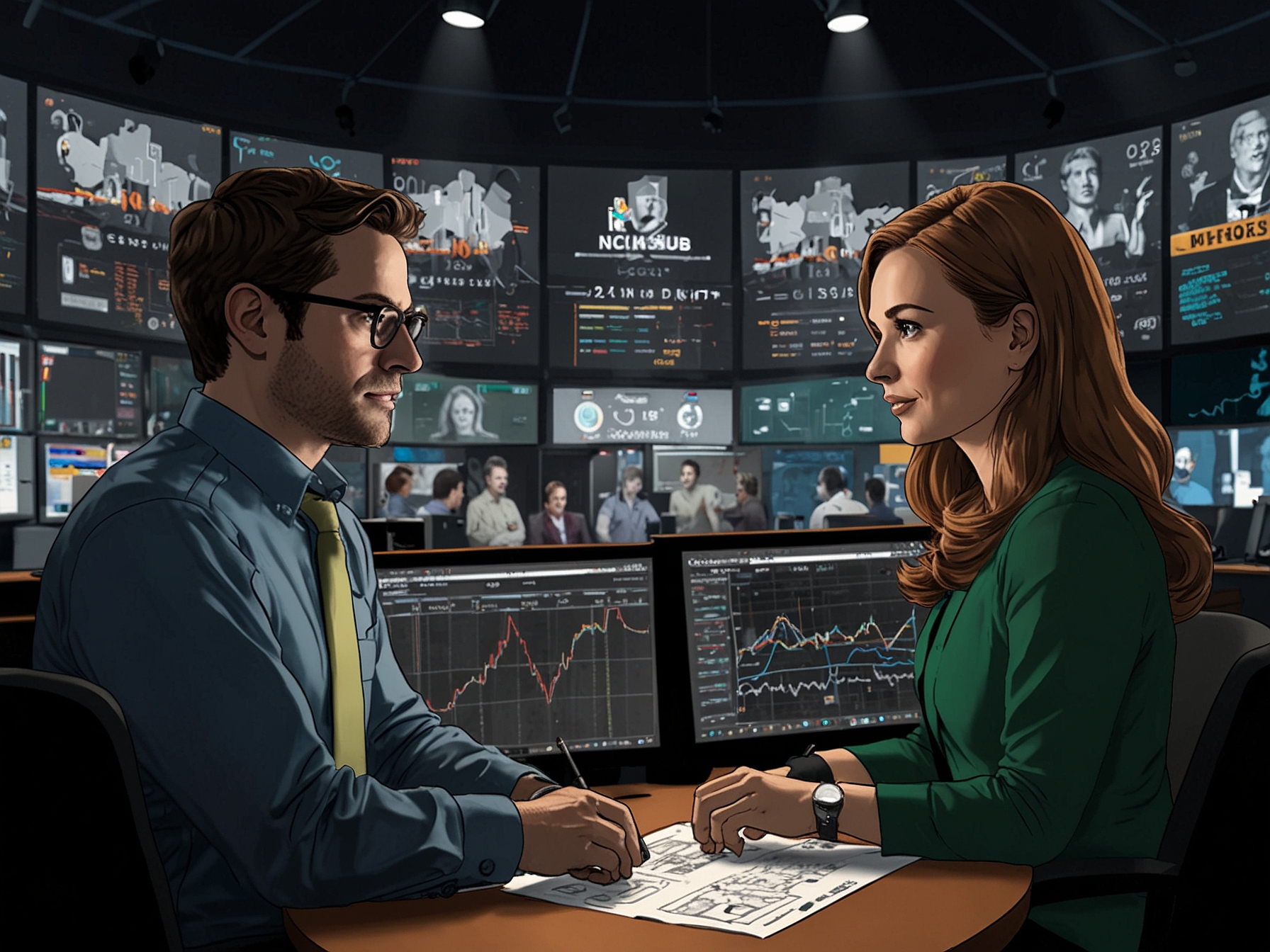 A dynamic visualization of NBC's Decision Desk team analyzing real-time election data in a modern broadcast studio, illustrating the blend of technology and human efforts.