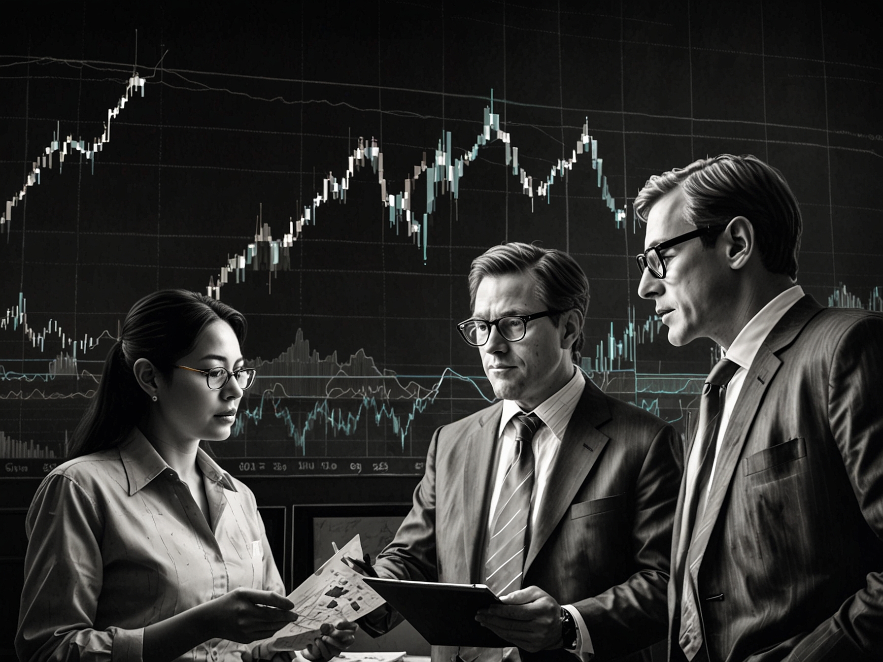 An illustration of diverse investors analyzing charts and financial reports, embodying strategic navigation through turbulent market conditions influenced by global factors.