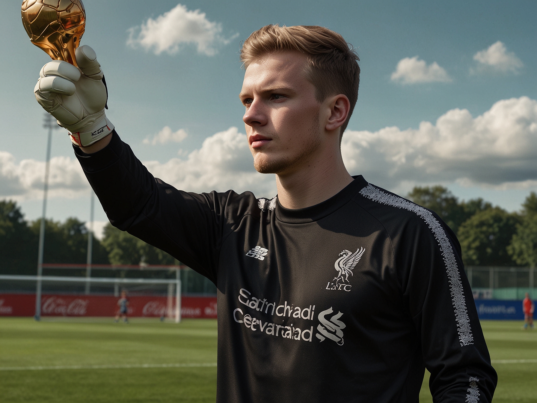 Young goalkeeper Caoimhín Kelleher prepares for action on the training ground, representing Liverpool's strategic investment in youth and their hope for resilience amid Alisson's absence.