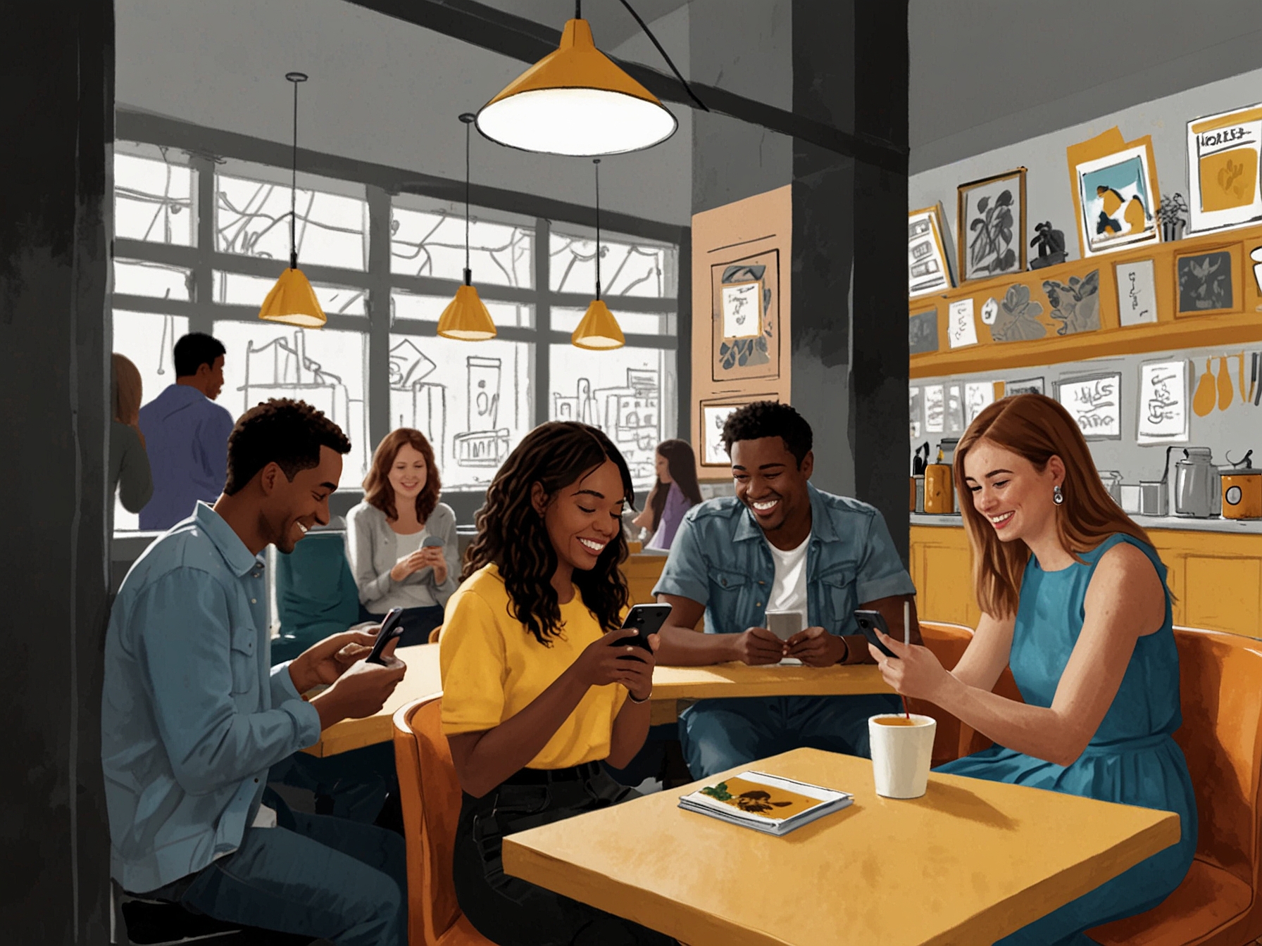 An illustration of diverse individuals using the Bumble app on their phones in a lively café, symbolizing connection, empowerment, and the modern dating landscape.