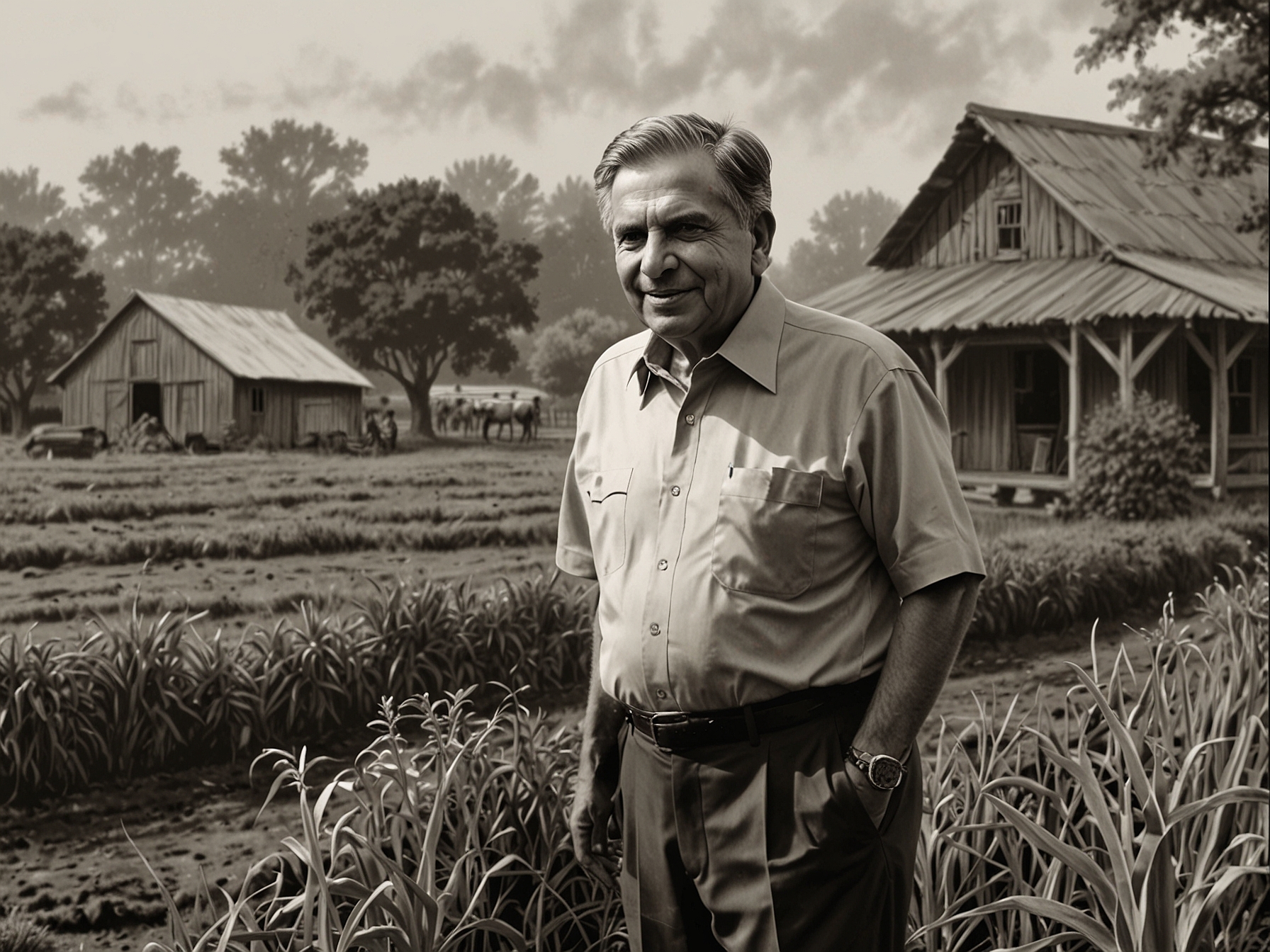 Ratan Tata, dressed in simple attire, is seen tending to his farm, illustrating his connection to nature and commitment to a grounded lifestyle amid corporate success.