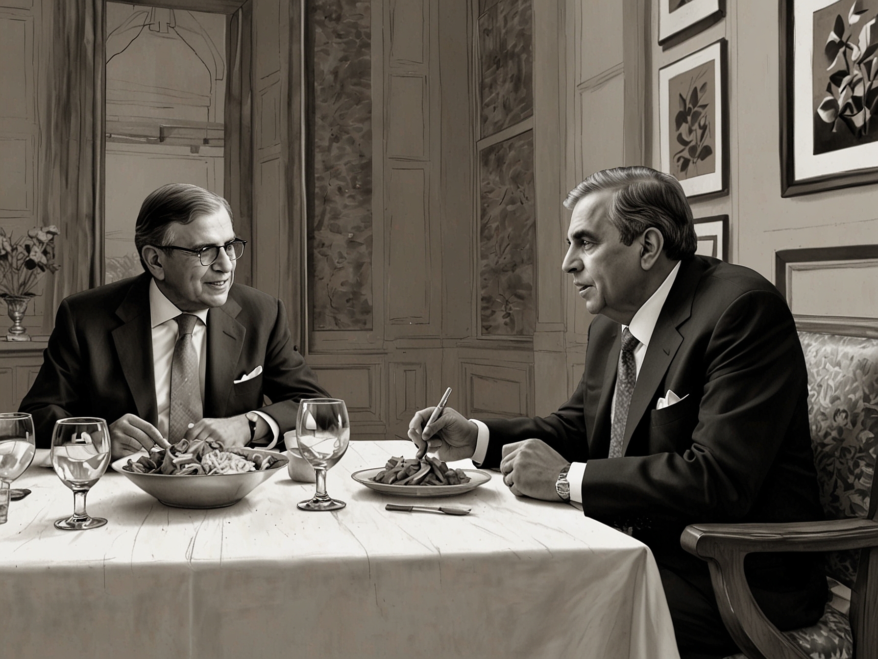 A serene dinner setting featuring Ratan Tata and Mukesh Ambani, showcasing their contrasting lifestyles and the impactful conversations that could shape the future of Indian business.