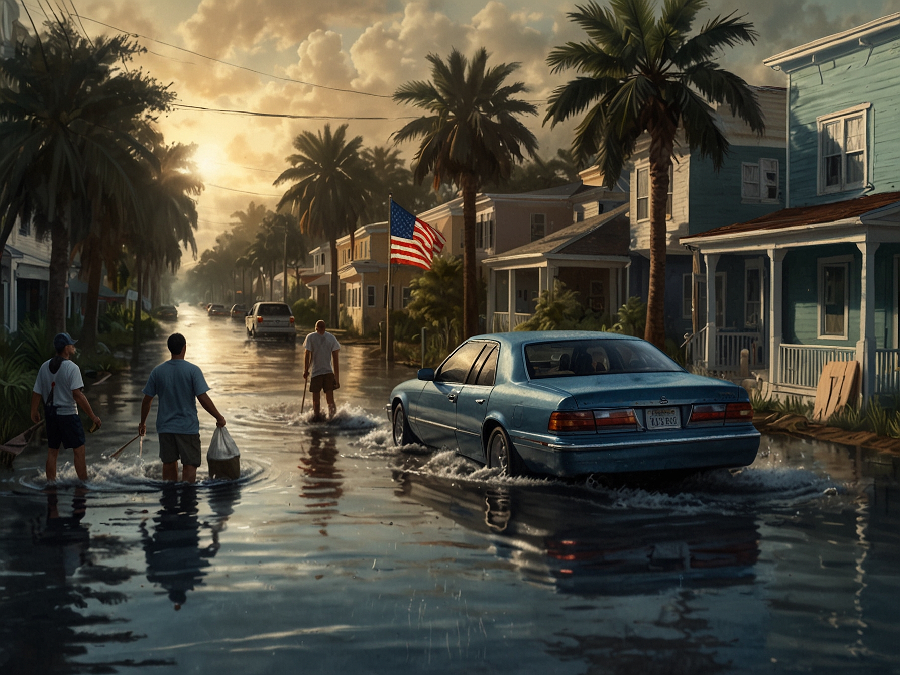 Residents assisting each other as they navigate the flooded streets of Tampa, showcasing the spirit of community and support during the aftermath of Superstorm Milton.