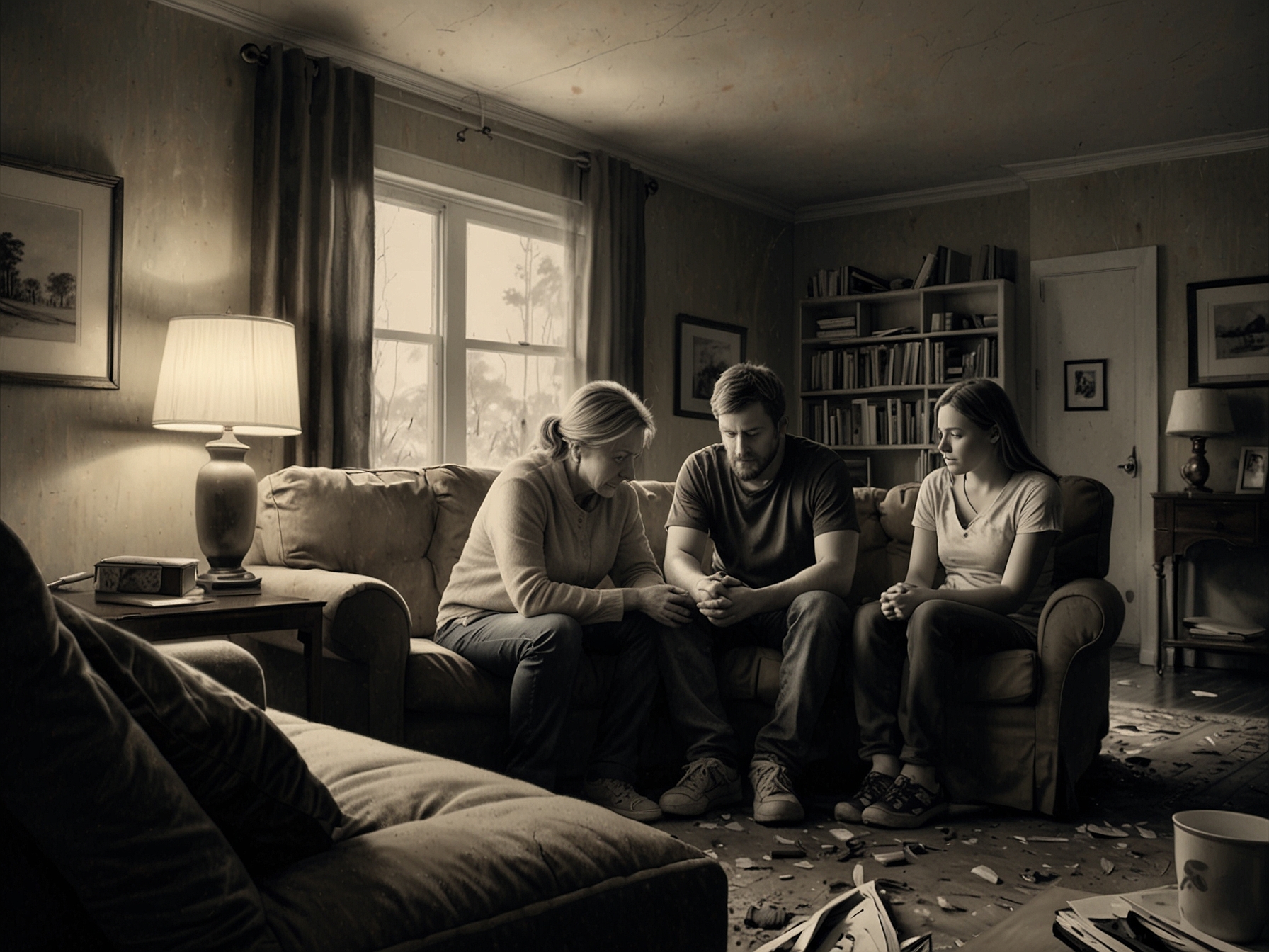 A family huddled together in their living room, illustrating the emotional toll and fear experienced by those affected by the chaos and destruction of Superstorm Milton.