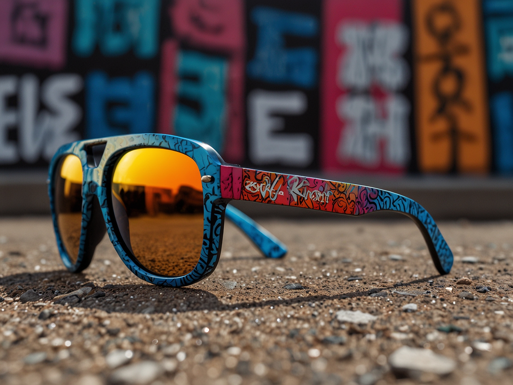 The AKILA x KRINK Hi-Fi sunglasses displayed against a vibrant urban backdrop, showcasing their sleek design and graffiti-style engraved lettering.