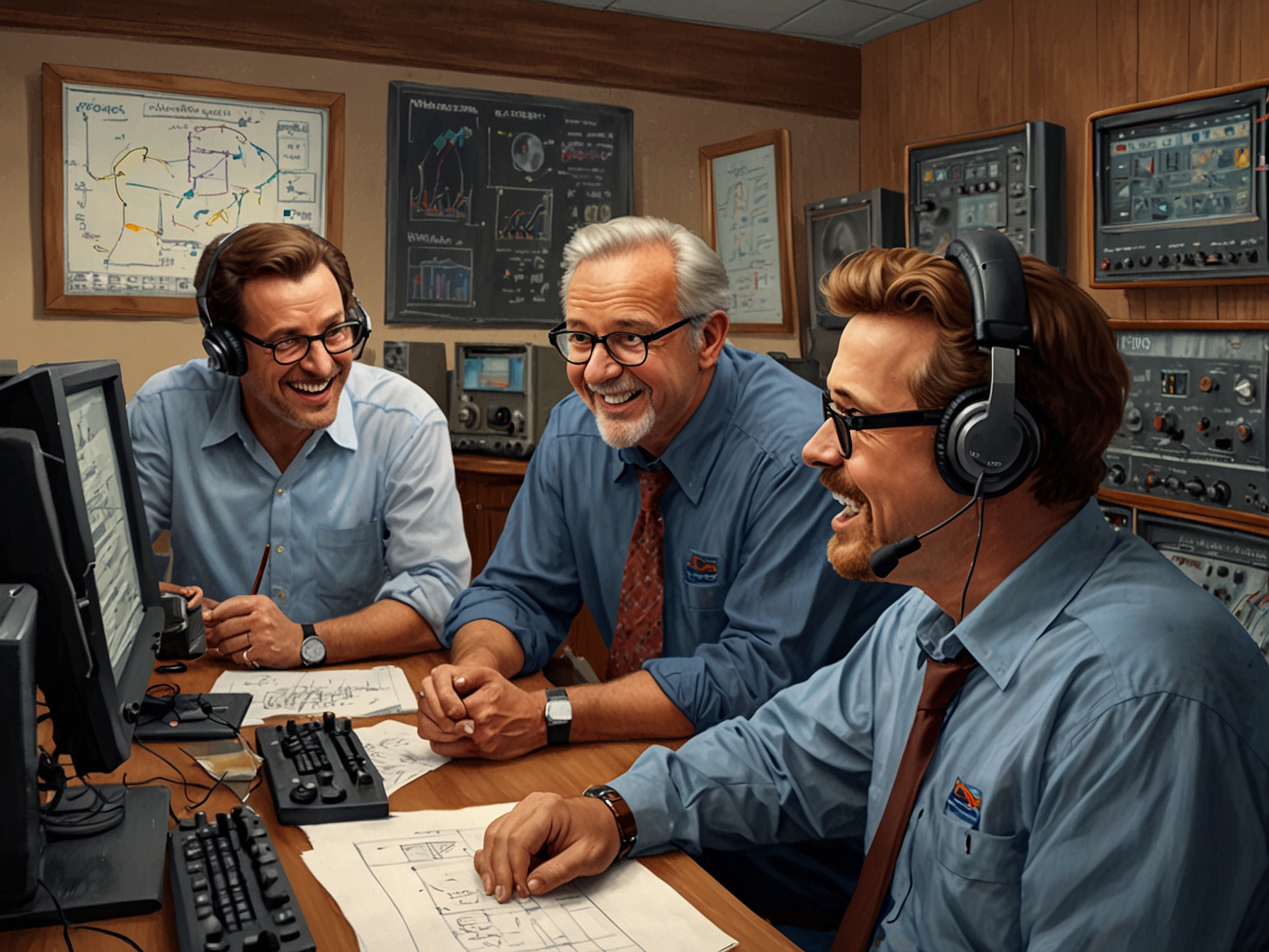 A group of radio professionals brainstorming excitedly in a studio, highlighting the chemistry and collaboration that's essential to Steve Wright's potential revival team.