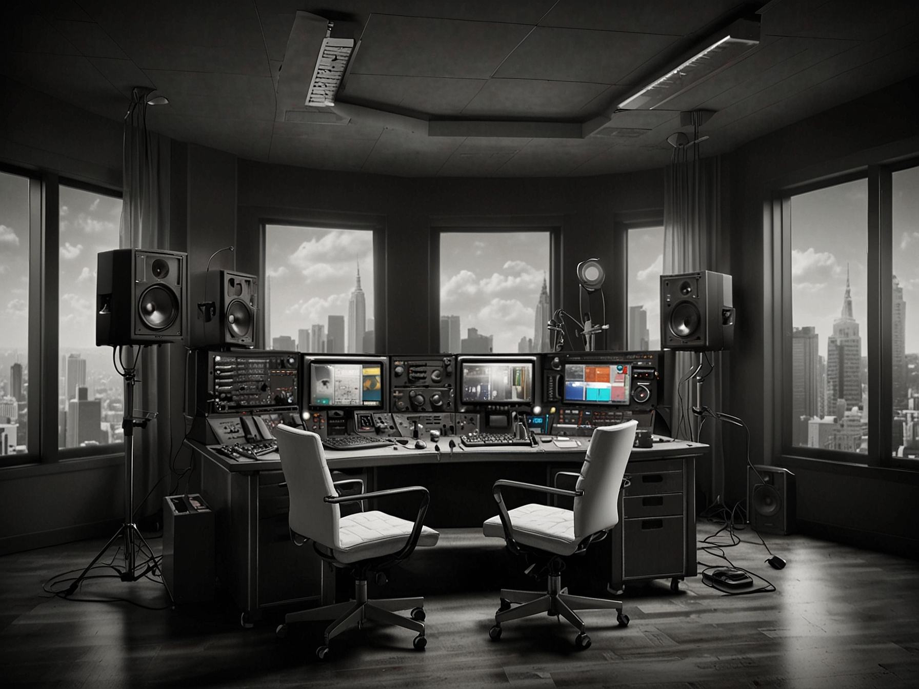 A modern radio studio setup, showcasing the technology and tools available for broadcasters today as Wright navigates the evolving landscape of radio and podcasting.