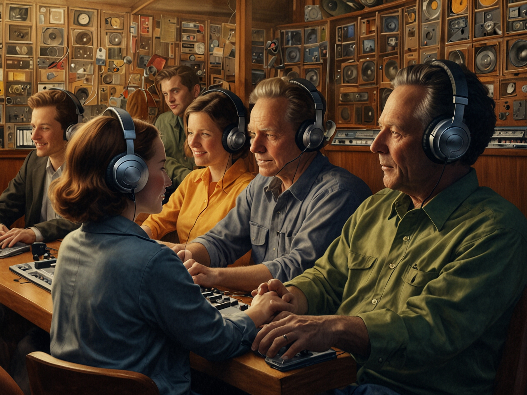 An artistic representation of listeners connected through their radios, capturing the sense of community and shared experiences that Wright aimed to create in his shows.