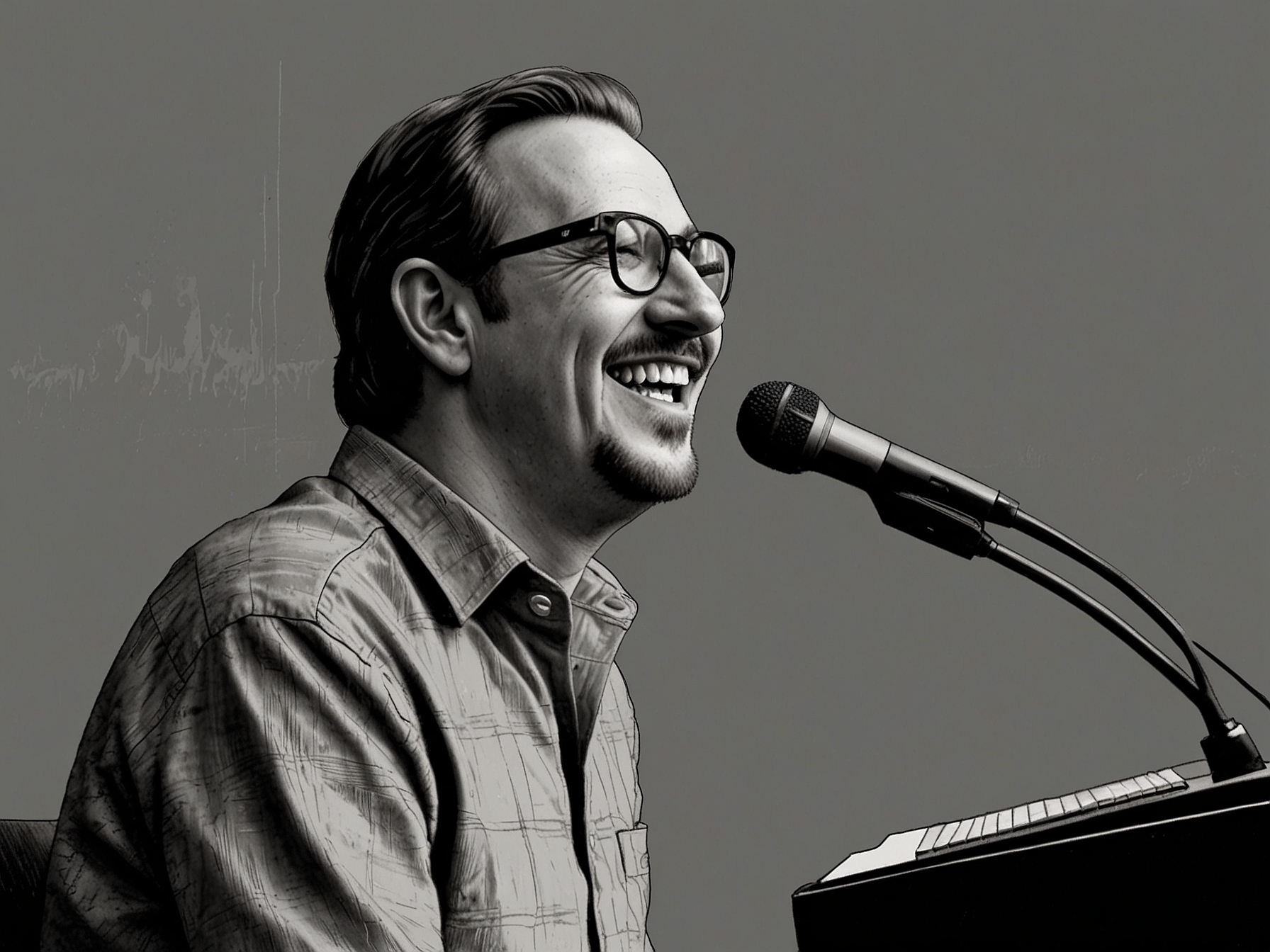 A hopeful Steve Wright smiling at a microphone, symbolizing his optimism and commitment to reconnecting with loyal fans and finding new opportunities in broadcasting.