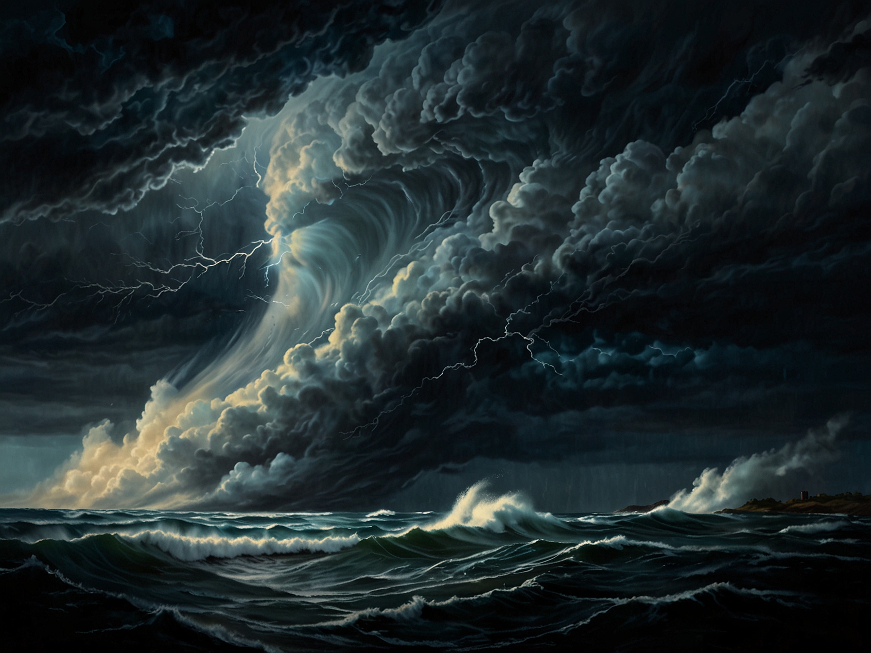 A dramatic image of Hurricane Helene churning over the East Coast, with dark storm clouds gathering above North Carolina, symbolizing the chaotic intersection of weather and politics.