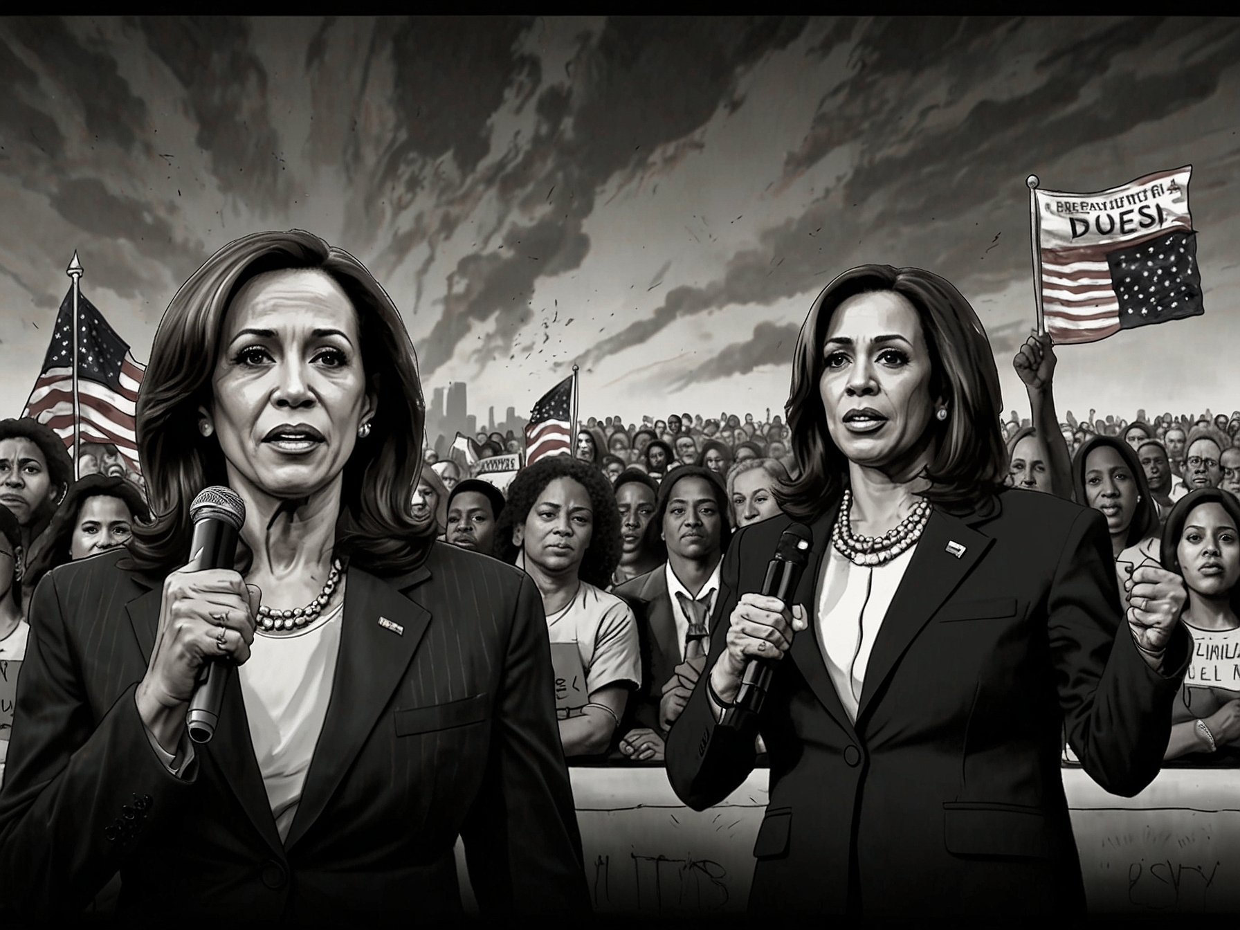 A split-screen image depicting Kamala Harris campaigning on one side, showcasing unity and hope, while Donald Trump rallies his supporters on the other, emphasizing strength and resilience amidst the approaching hurricane.