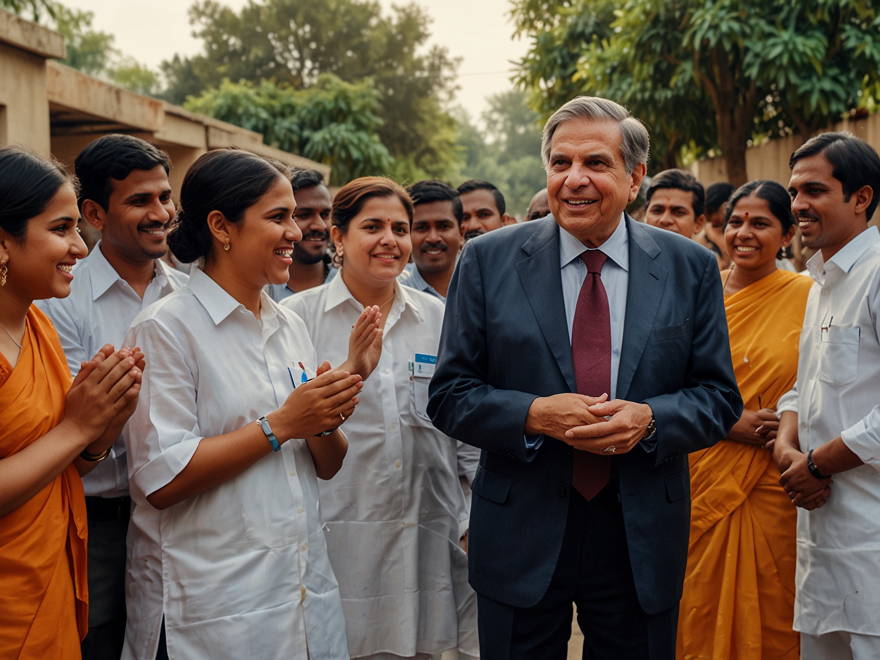 Ratan Tata engaging with local community leaders, discussing plans for the new healthcare facility while surrounded by eager residents, full of hope and anticipation.