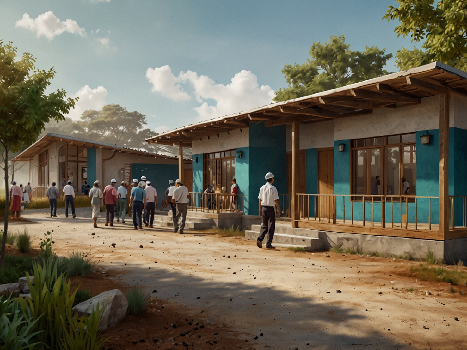 The newly constructed healthcare facility in a rural area, bustling with activity as villagers gather around, witnessing the transformation of their community and celebrating accessible medical services.
