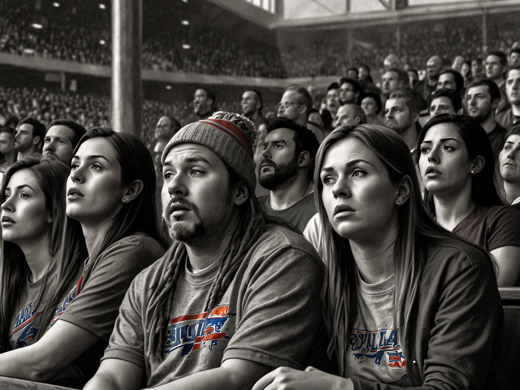 Buffalo Bills fans express disbelief in the stands as their team suffers another tough defeat, showcasing the pressure and intensity of the NFL competition.
